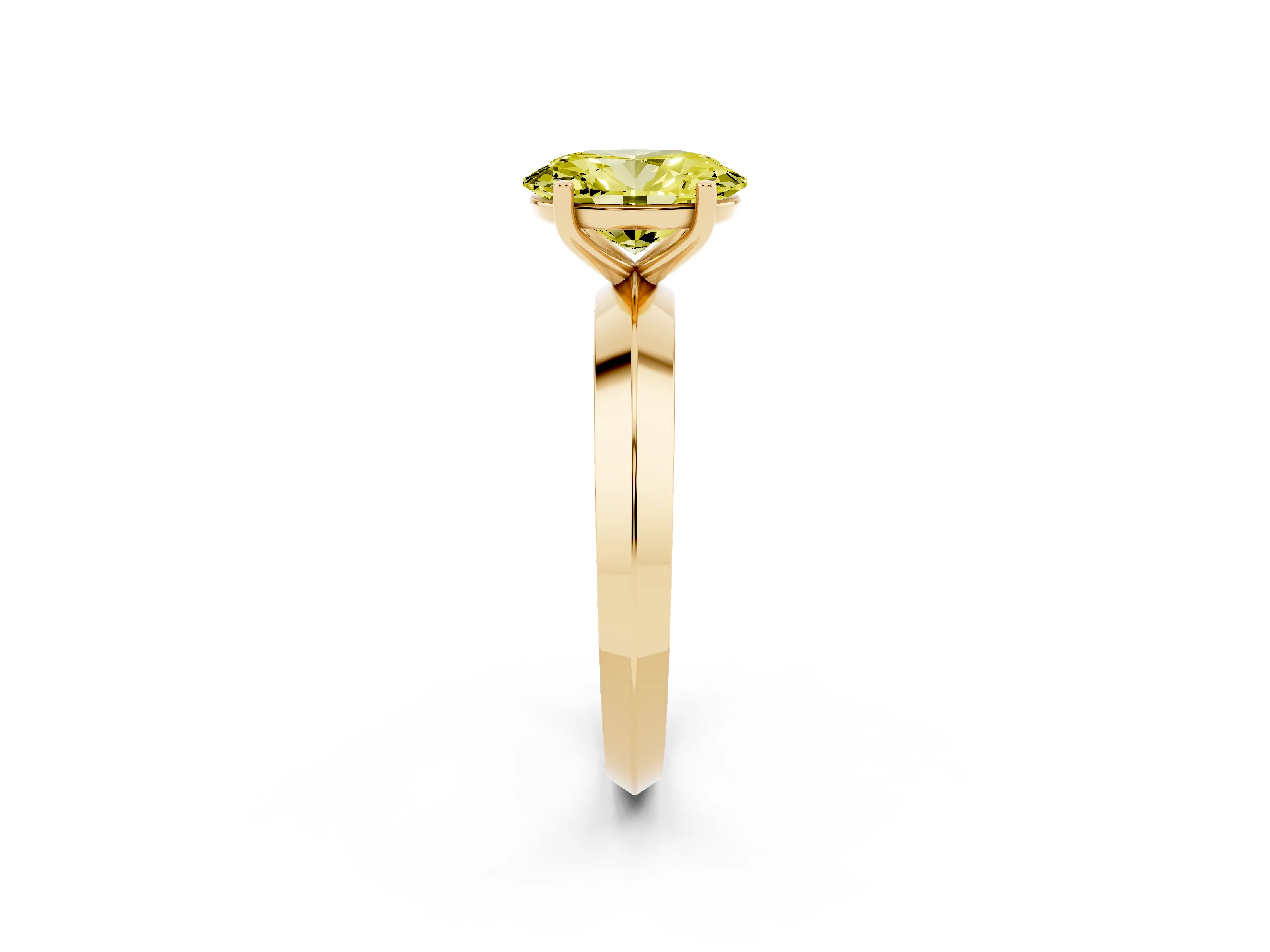 Fancy Yellow Oval Cut Diamond Solitaire Engagement Ring Set in Yellow gold with Flat Band and Prong Setting