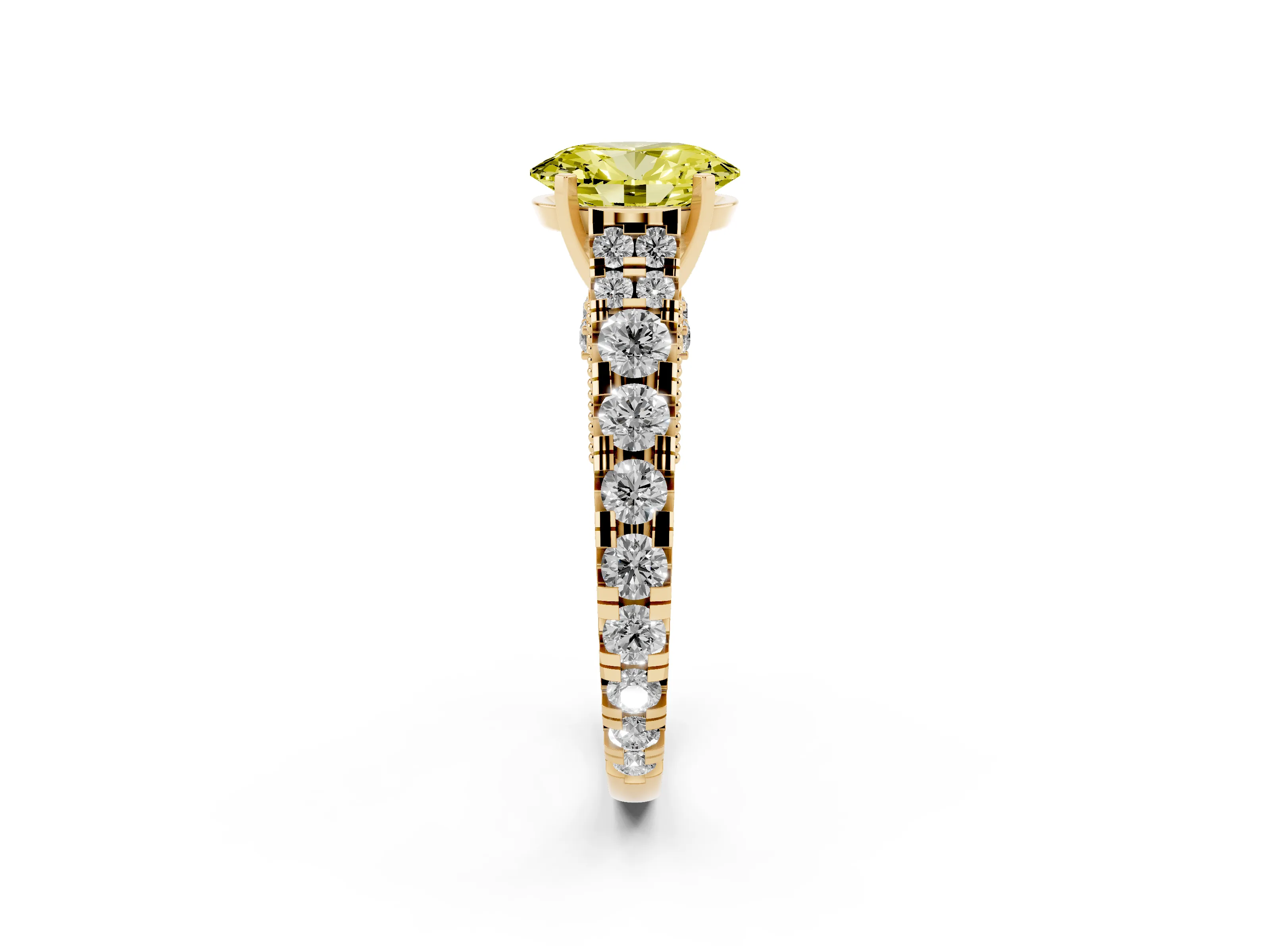 Fancy Yellow Oval Cut Diamond Classic Solitaire Ring Set in Yellow gold with Pavé Band and Prong Setting