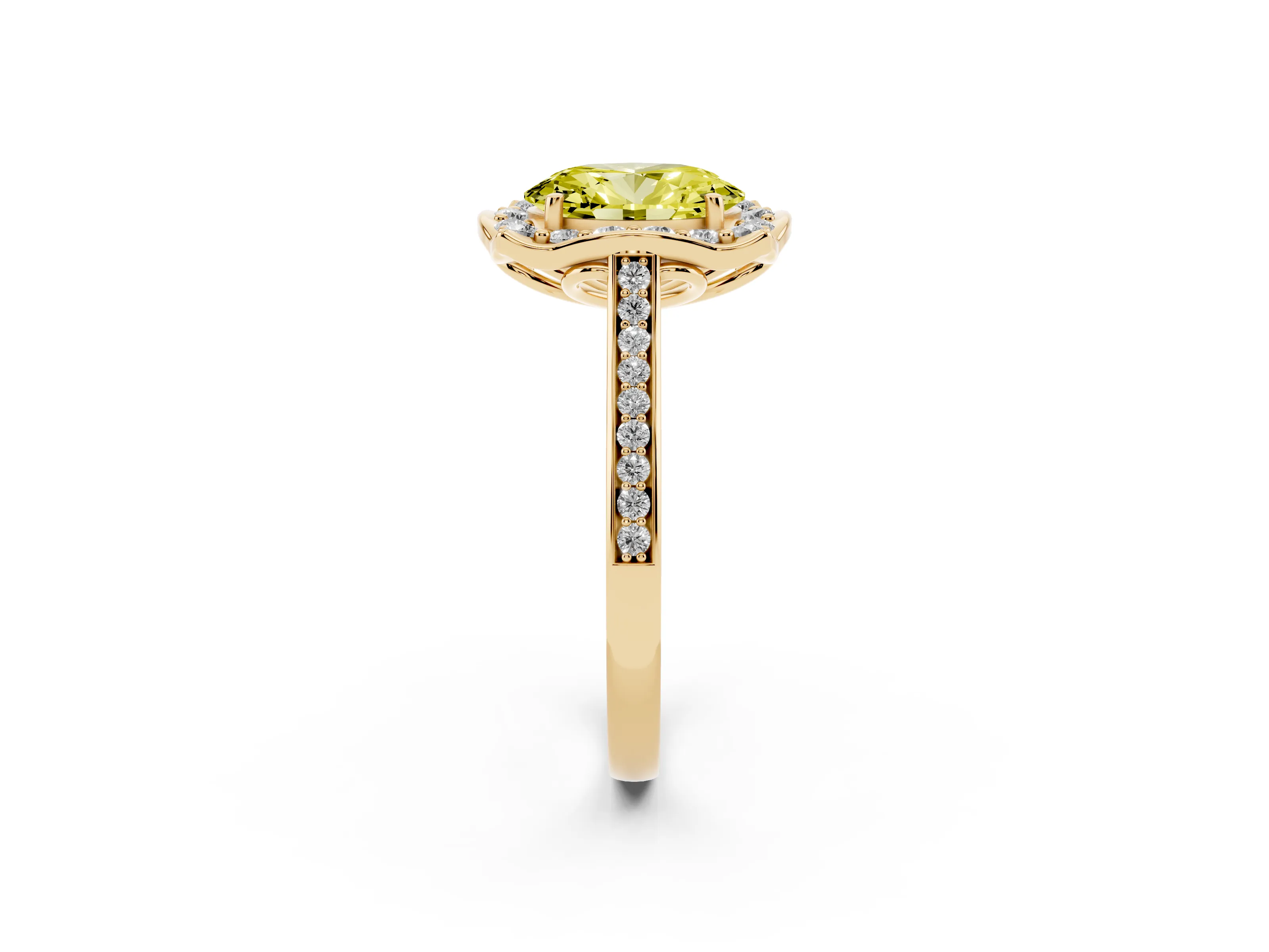 Fancy Yellow Oval Cut Diamond Halo Ring Set in Yellow gold with Pavé-Lined Shoulders and Prong Setting