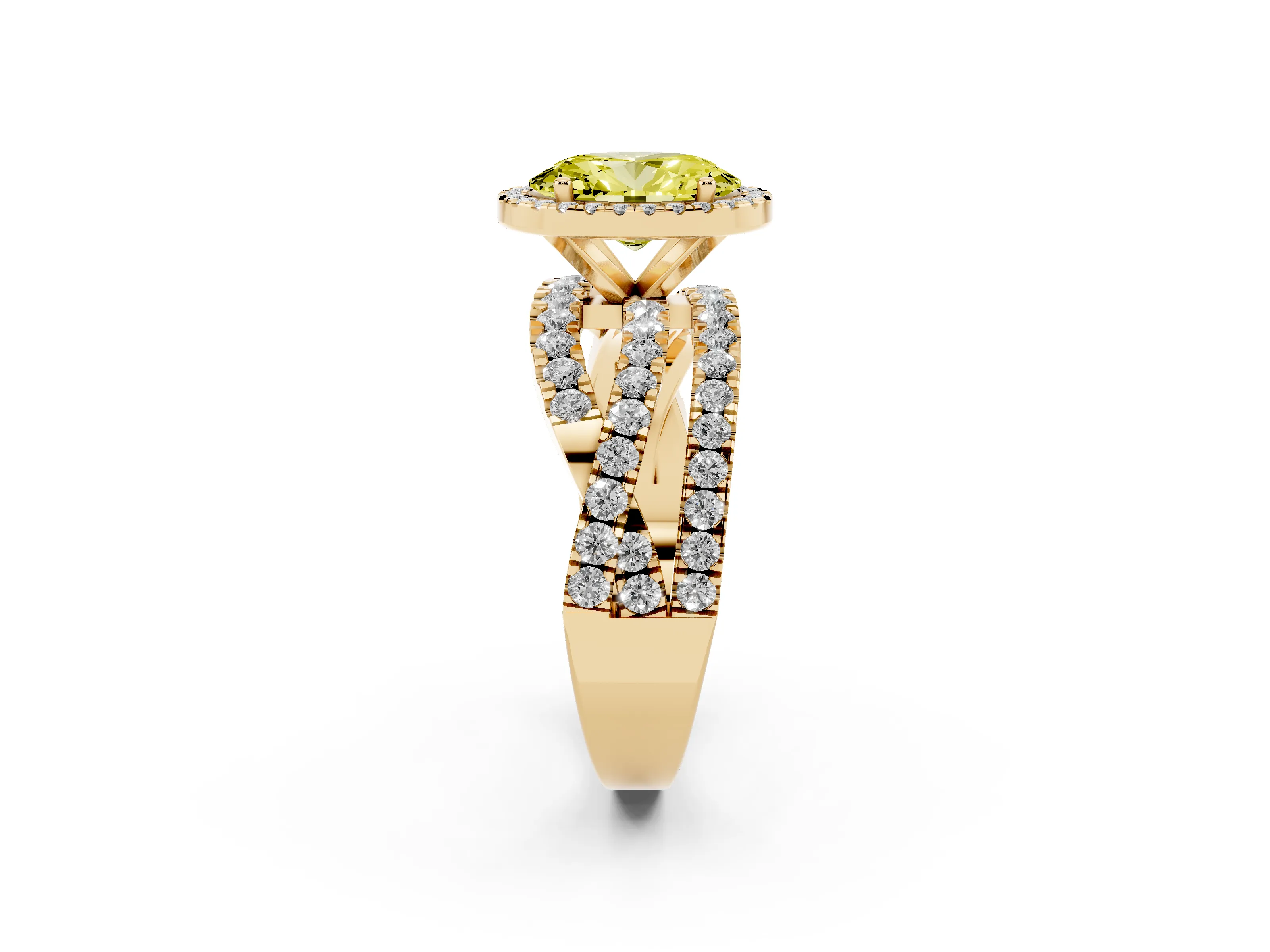 Fancy Yellow Oval Cut Diamond Halo Ring Set in Yellow gold with Round Crossover Split Shank and Prong Setting