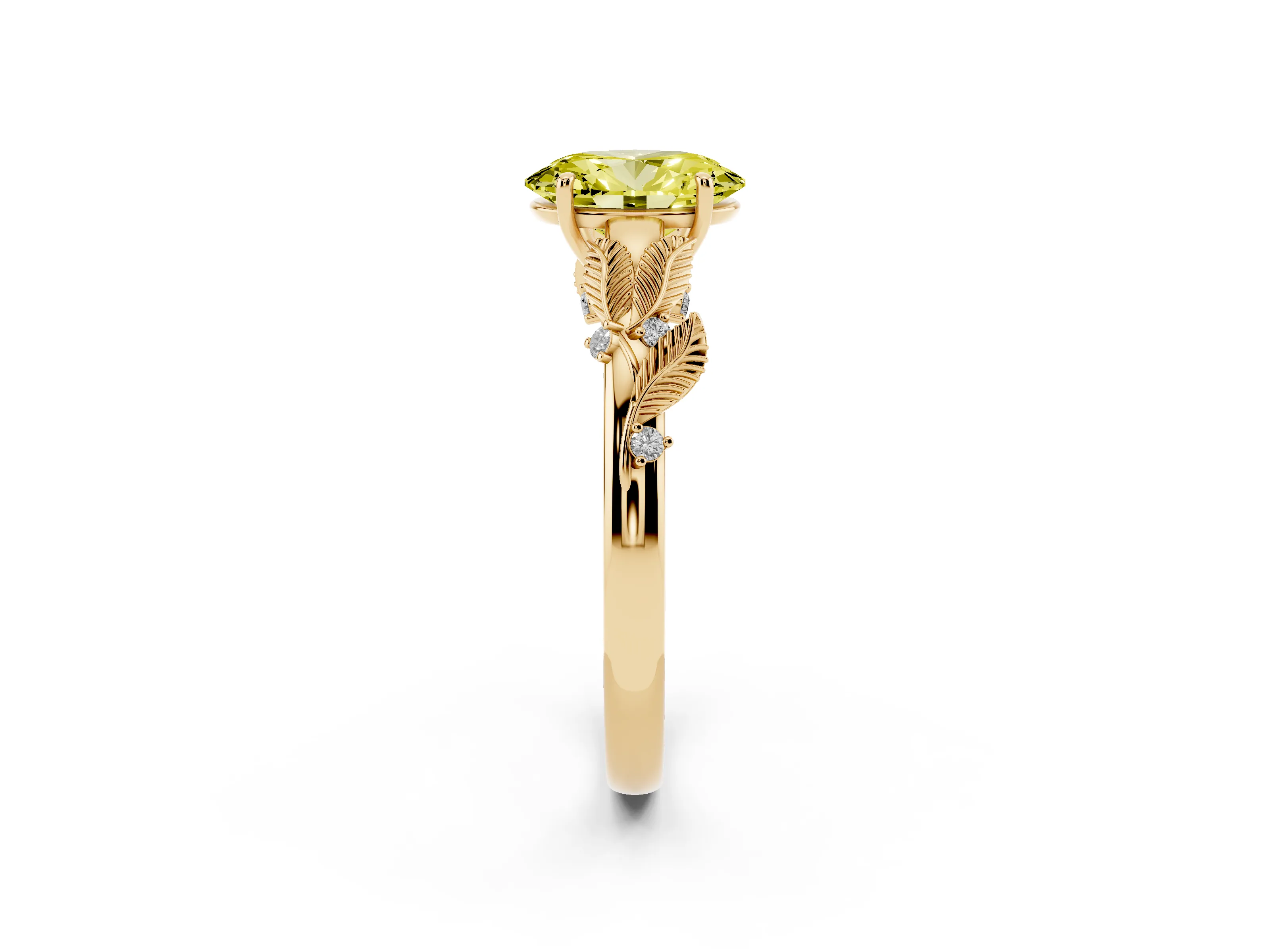 Fancy Yellow Oval Cut Diamond Solitaire Ring Set in Yellow gold with Leaf Motif Band