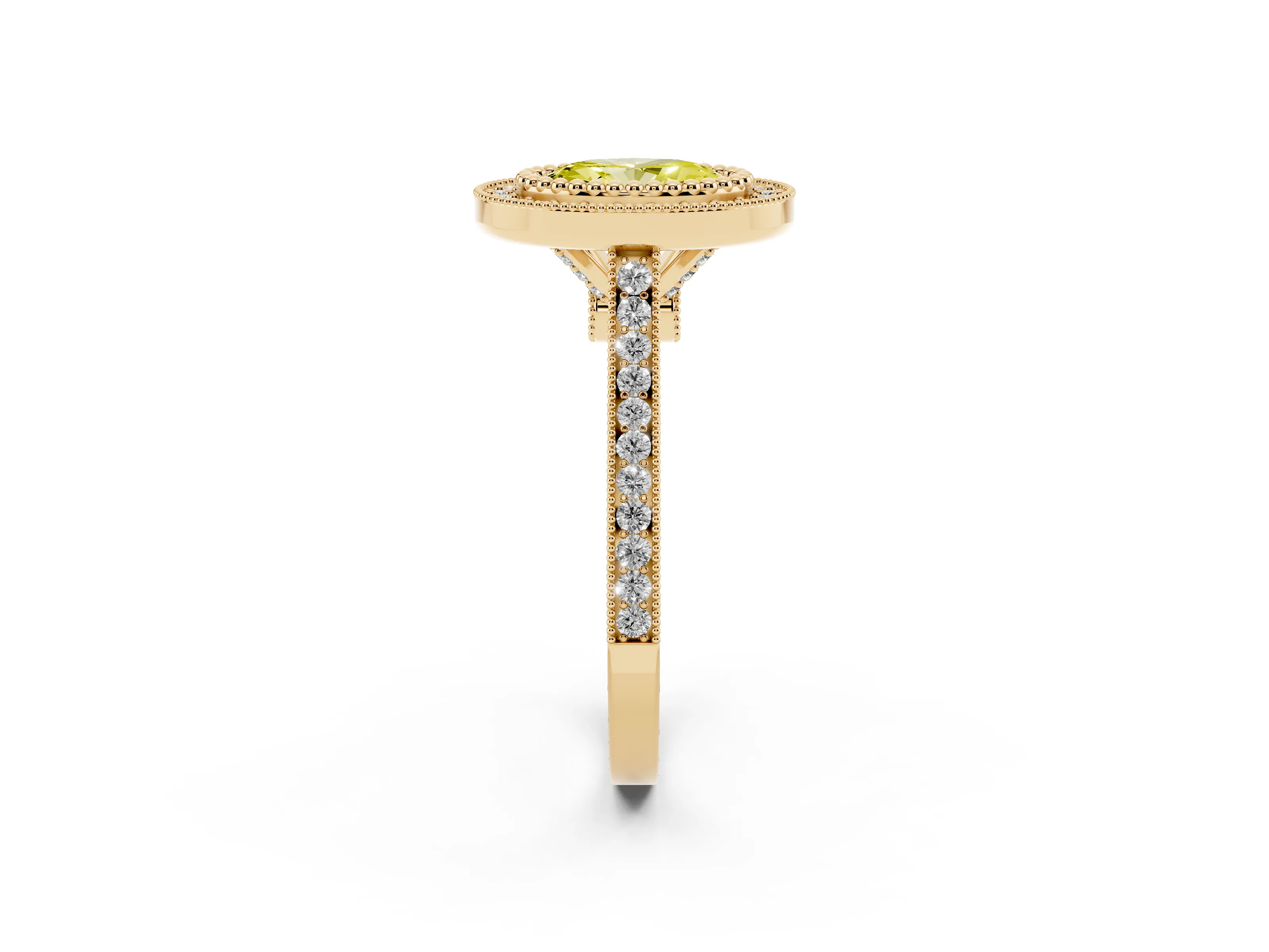 Fancy Yellow Oval Cut Diamond Halo Ring Set in Yellow gold with Milgrain Frame and Pavé Band