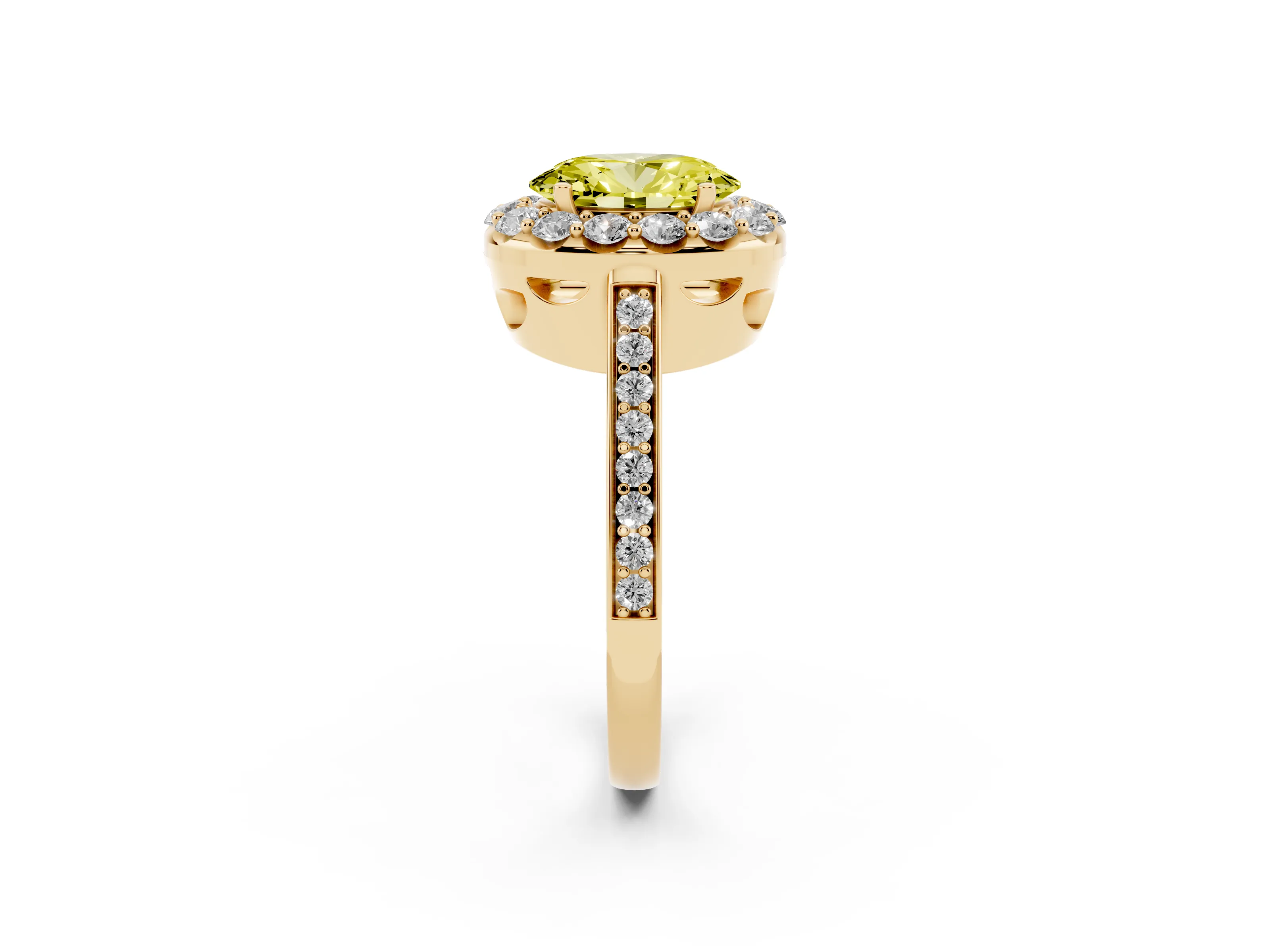 Fancy Yellow Oval Cut Diamond Floral Halo Ring Set in Yellow gold with Pavé Band and Prong Setting