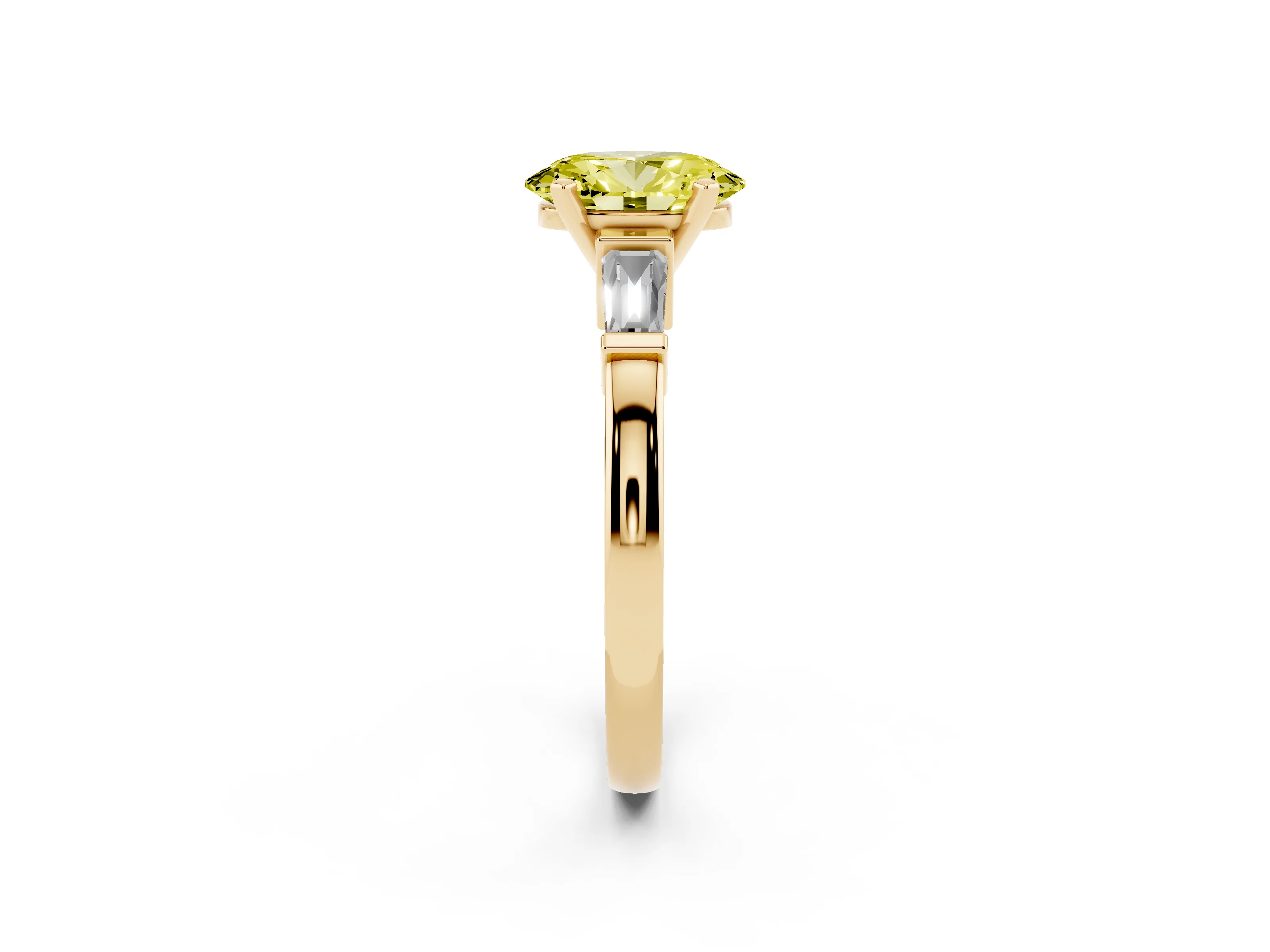 Fancy Yellow Oval Cut Diamond Solitaire Ring Set in Yellow gold with Tapered Baguette Accents and Prong Setting