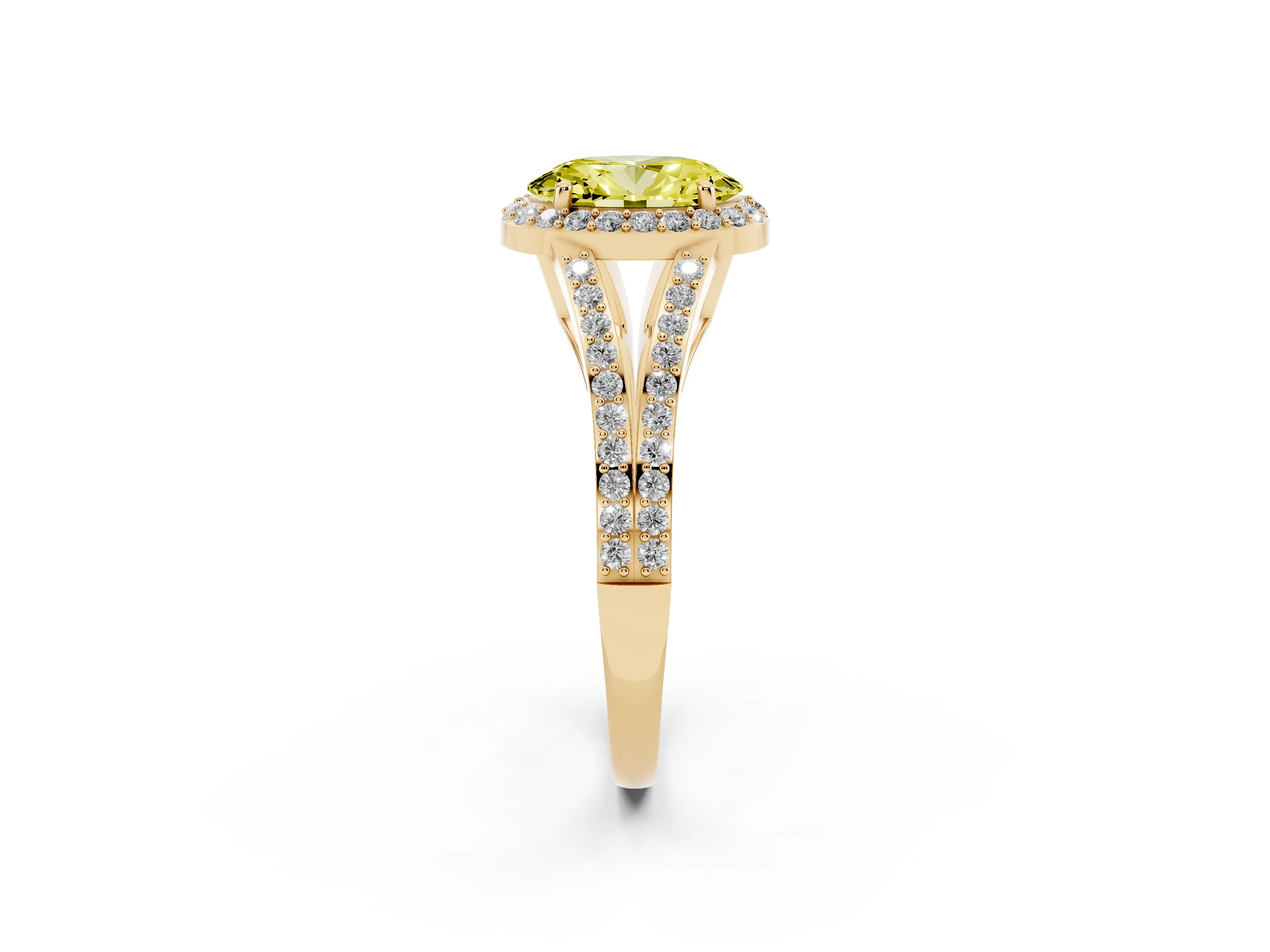 Fancy Yellow Oval Cut Diamond Halo Split Shank Ring Set in Yellow gold with Accent Stones and Prong Setting