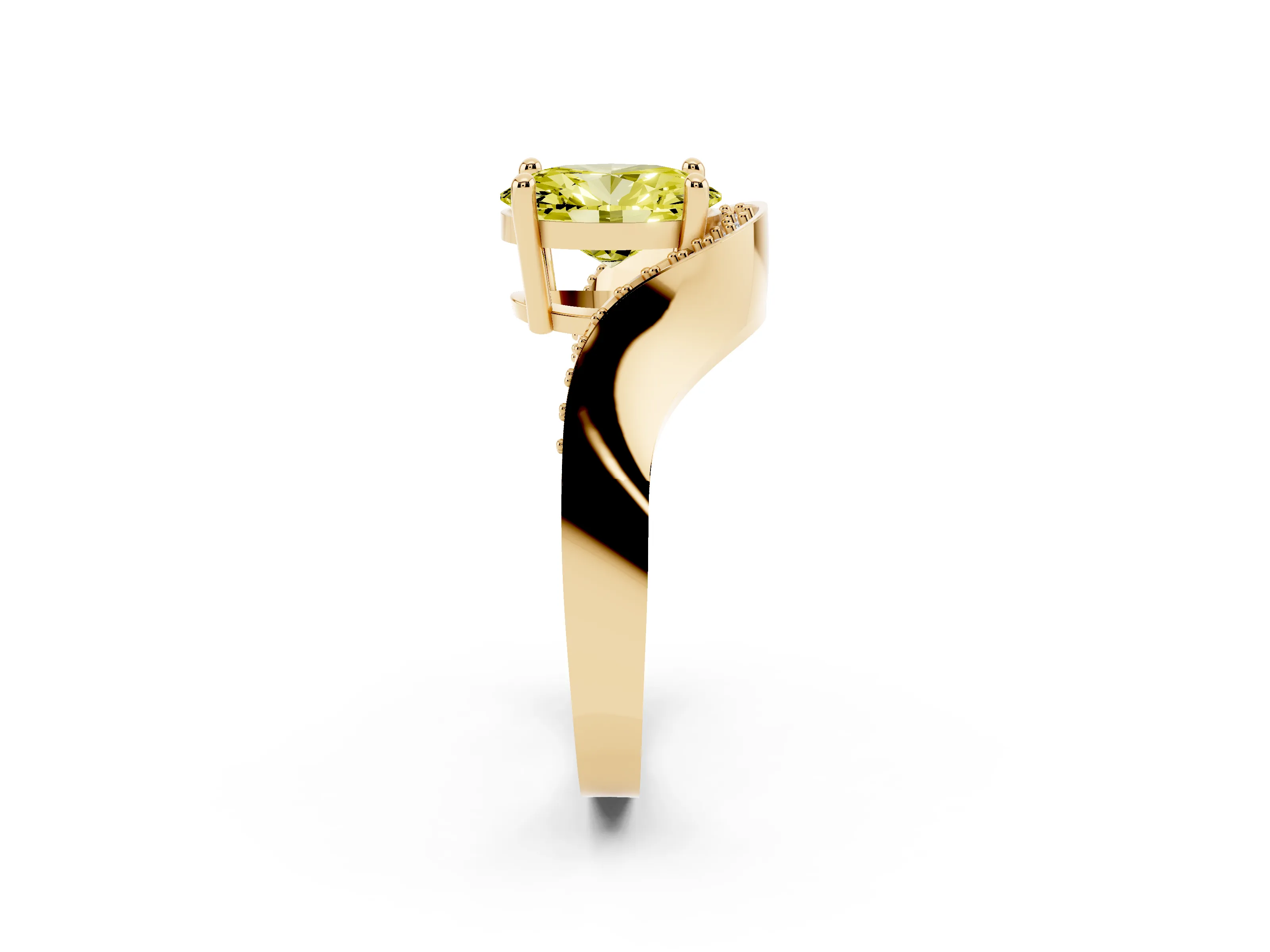 Fancy Yellow Oval Cut Diamond Solitaire Engagement Ring Set in Yellow gold with Pavé Shoulders