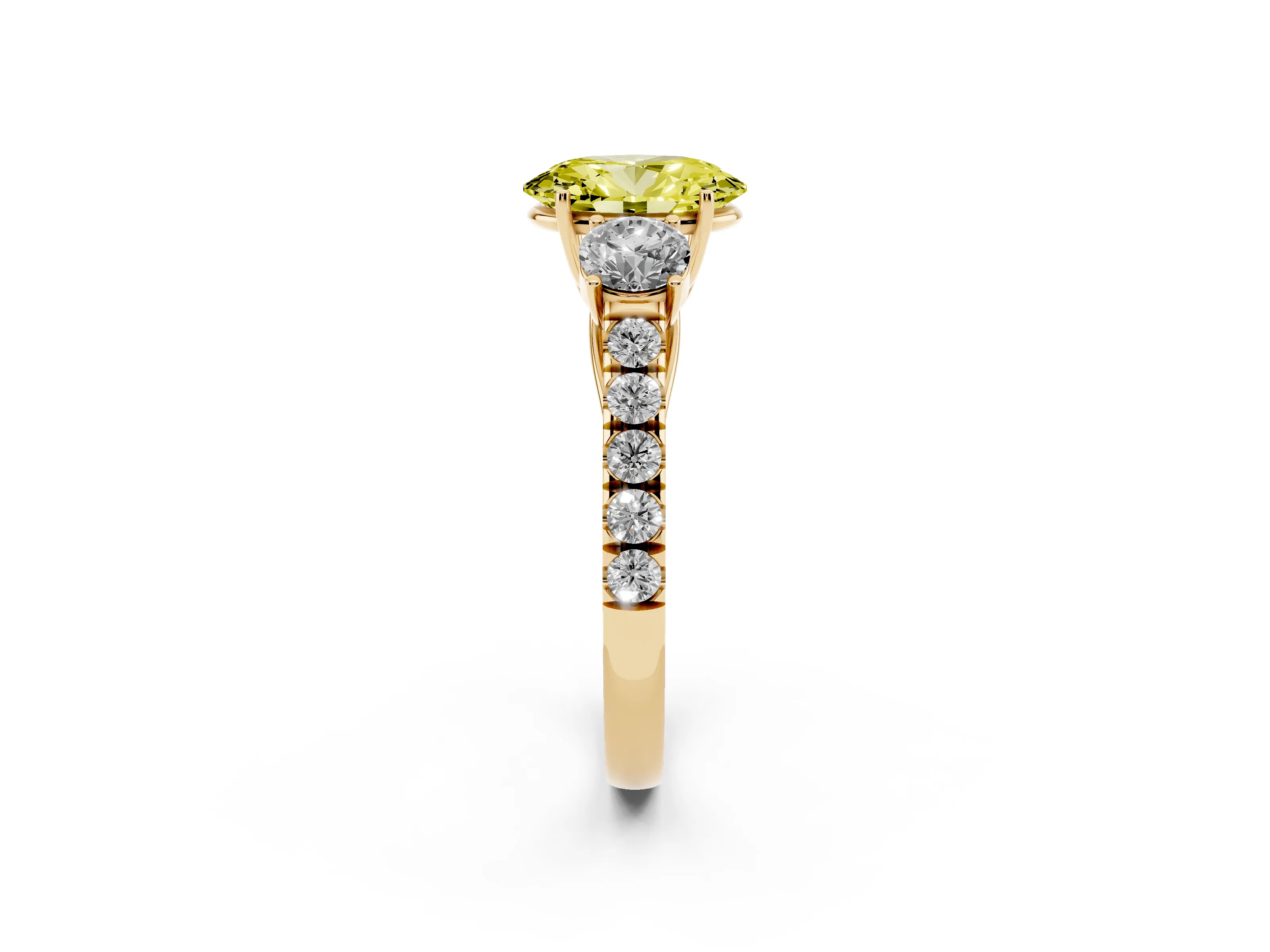 Fancy Yellow Oval Cut Diamond Three-Stone Ring Set in Yellow gold with Round Side Stones and Delicate Pavé Band