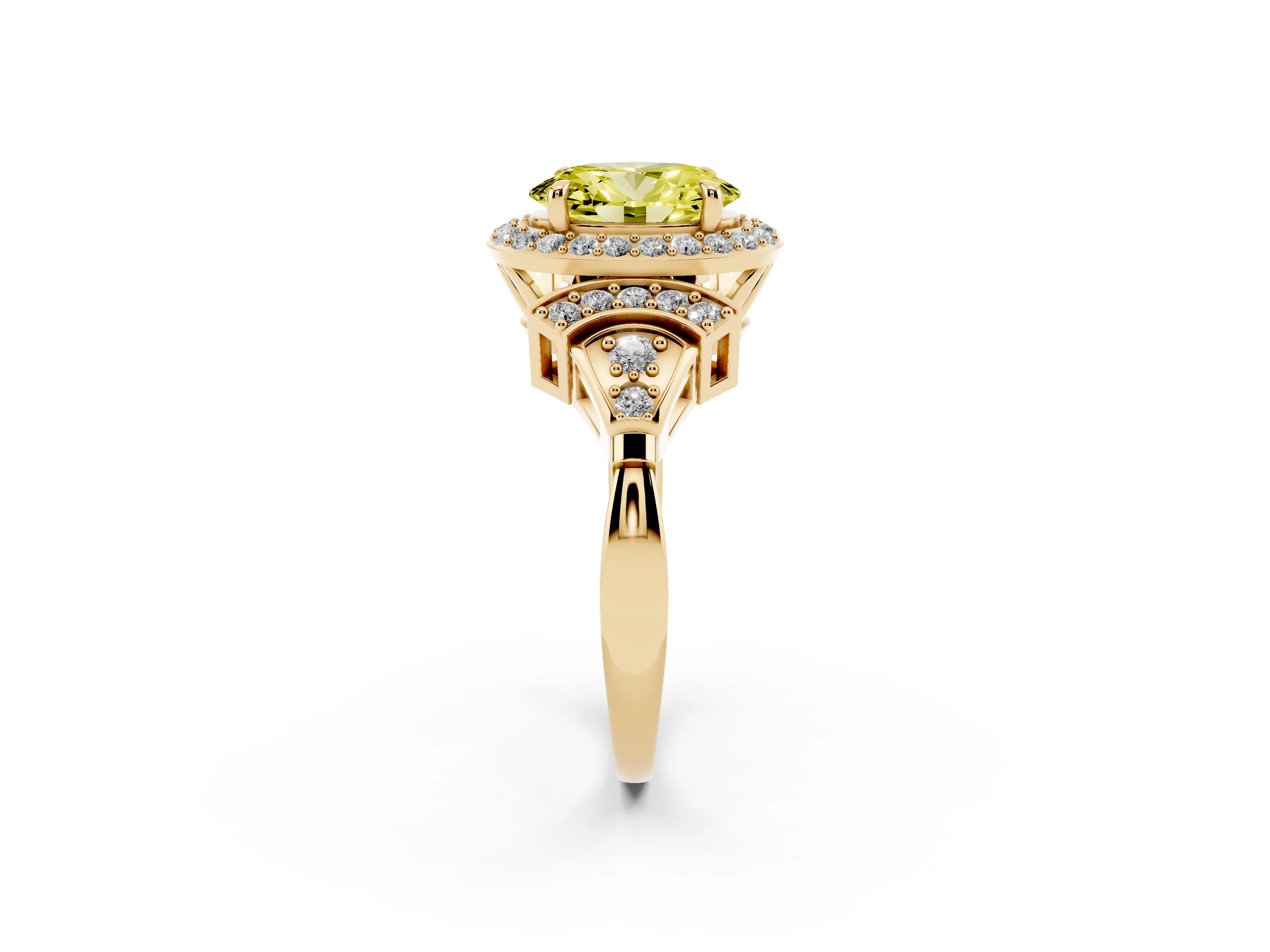 Fancy Yellow Oval Cut Diamond Halo Engagement Ring Set in Yellow gold with Accent Stone Split Shank