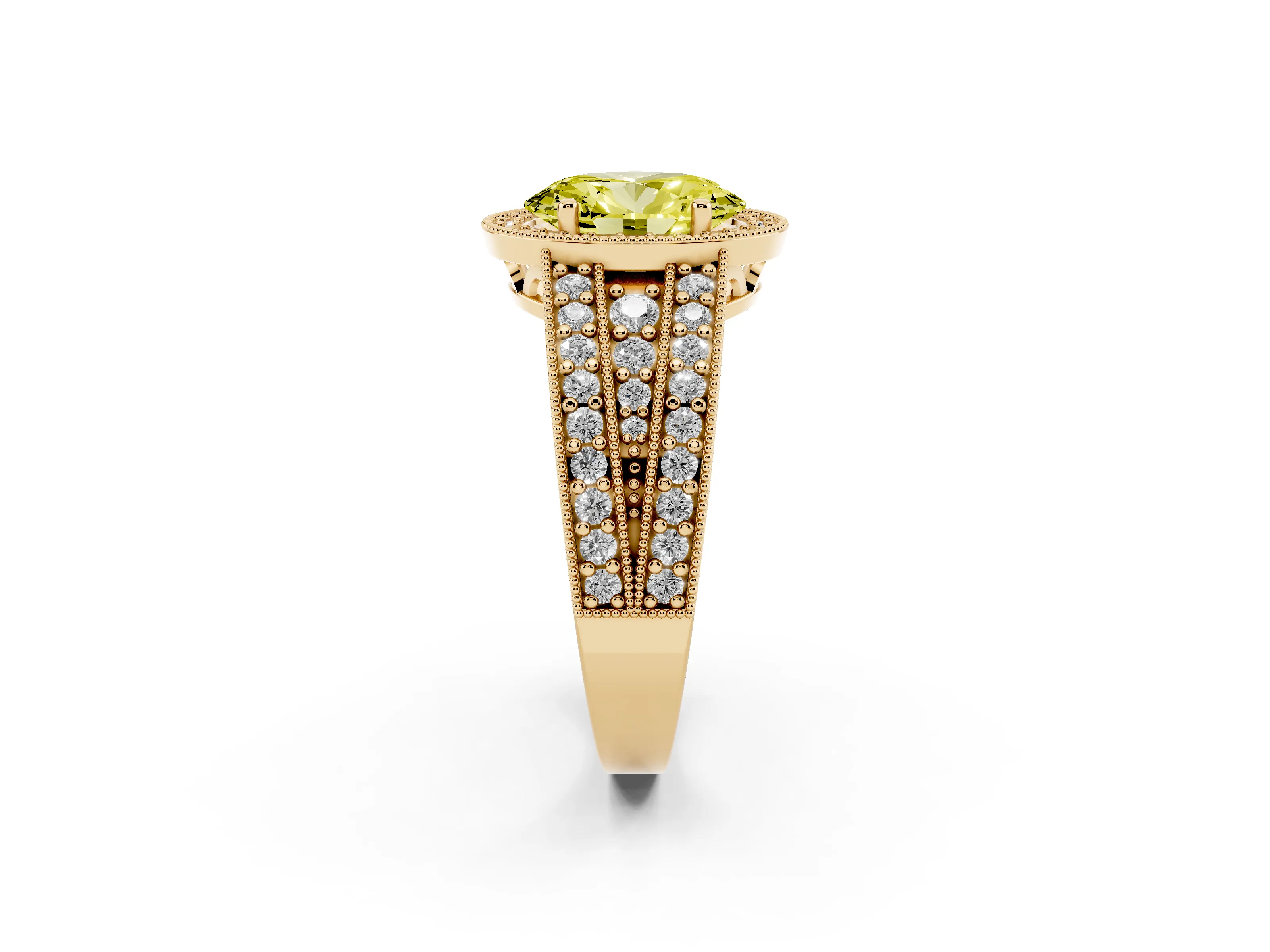 Fancy Yellow Oval Cut Diamond Halo Ring Set in Yellow gold with Accent Split Shank and Prong Setting