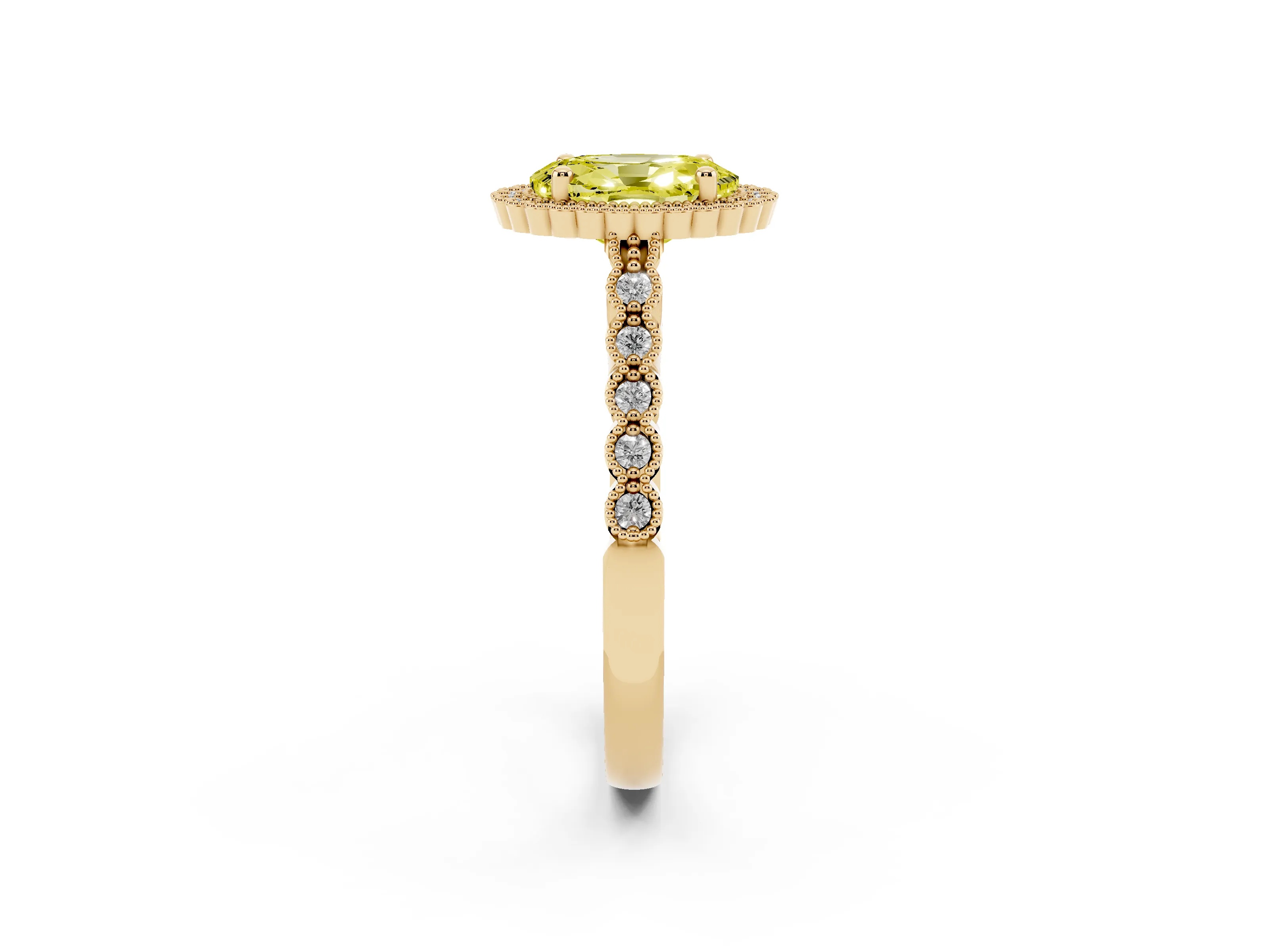 Fancy Yellow Oval Cut Diamond Halo Ring Set in Yellow gold with Pavé Milgrain Band