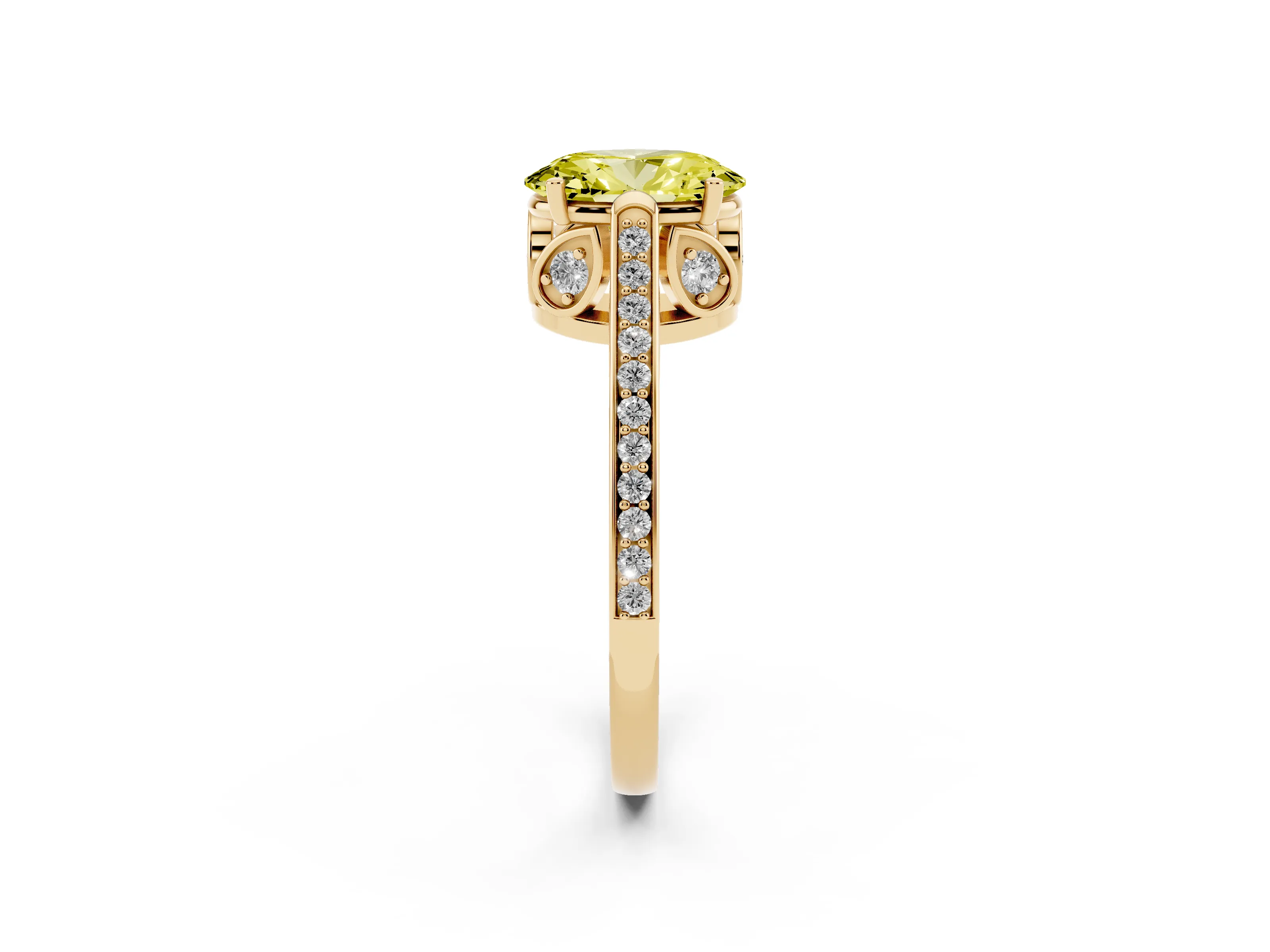Fancy Yellow Oval Cut Diamond Cathedral Pavé Engagement Ring Set in Yellow gold with Prong Setting