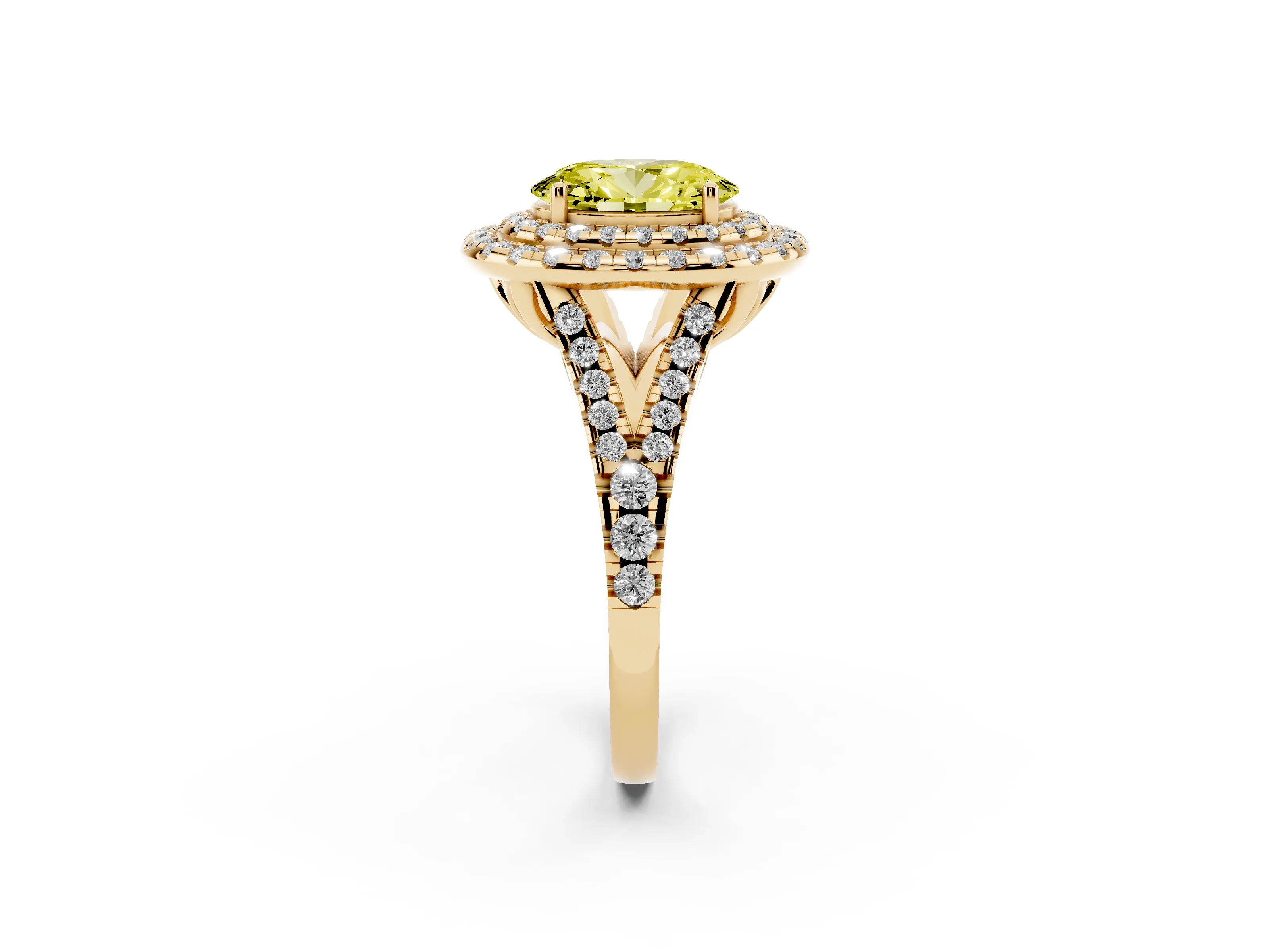 Fancy Yellow Oval Cut Diamond Double Halo Ring Set in Yellow gold with Pavé Split Shank and Prong Setting