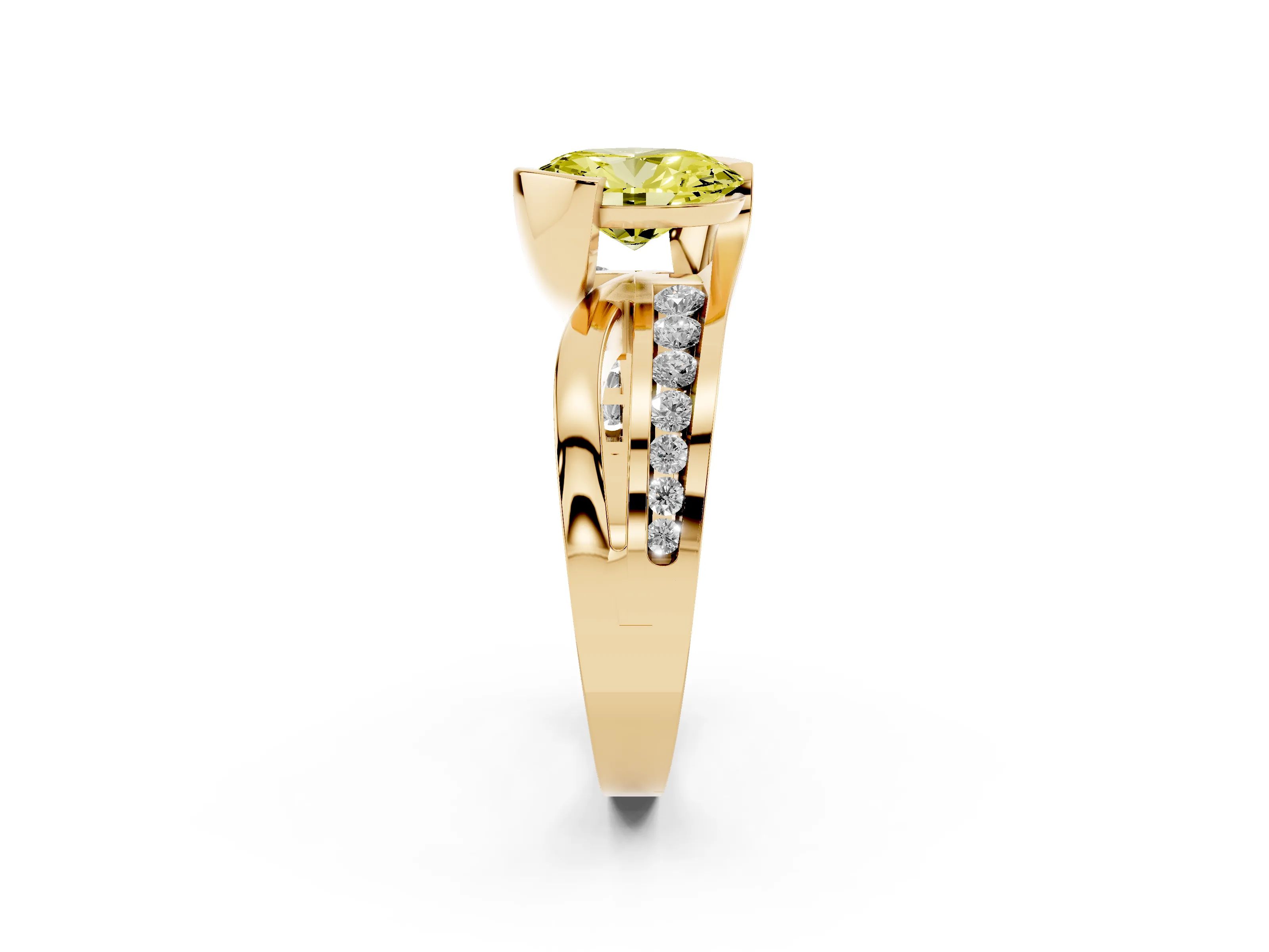 Fancy Yellow Oval Cut Diamond Solitaire Ring Set in Yellow gold with Channel Set Split Shank and Tension Prongs