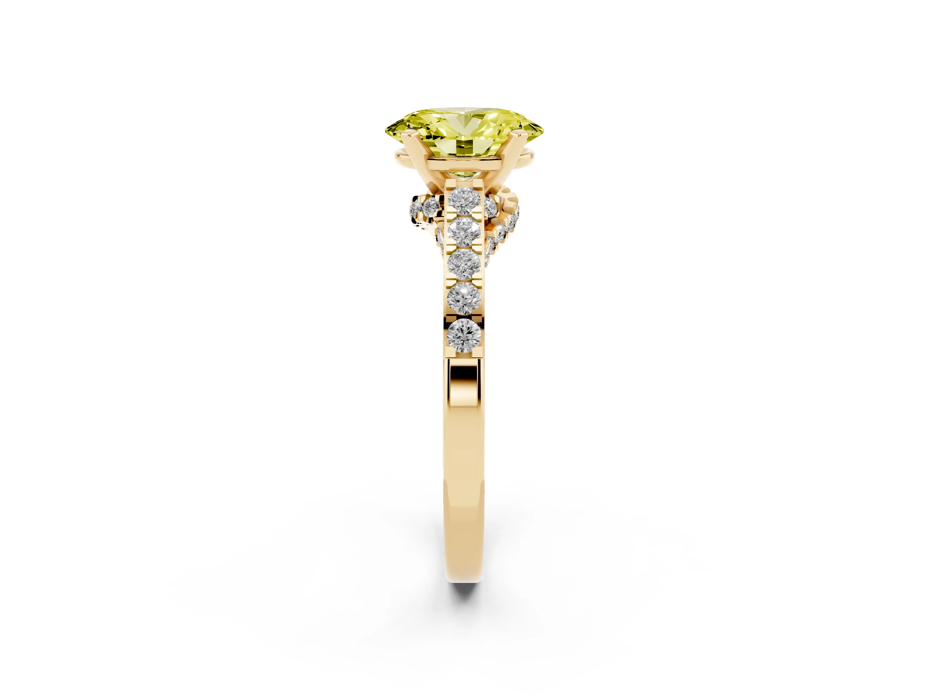 Fancy Yellow Oval Cut Diamond Solitaire Ring Set in Yellow gold with Crossover Gallery and Round Pavé Band