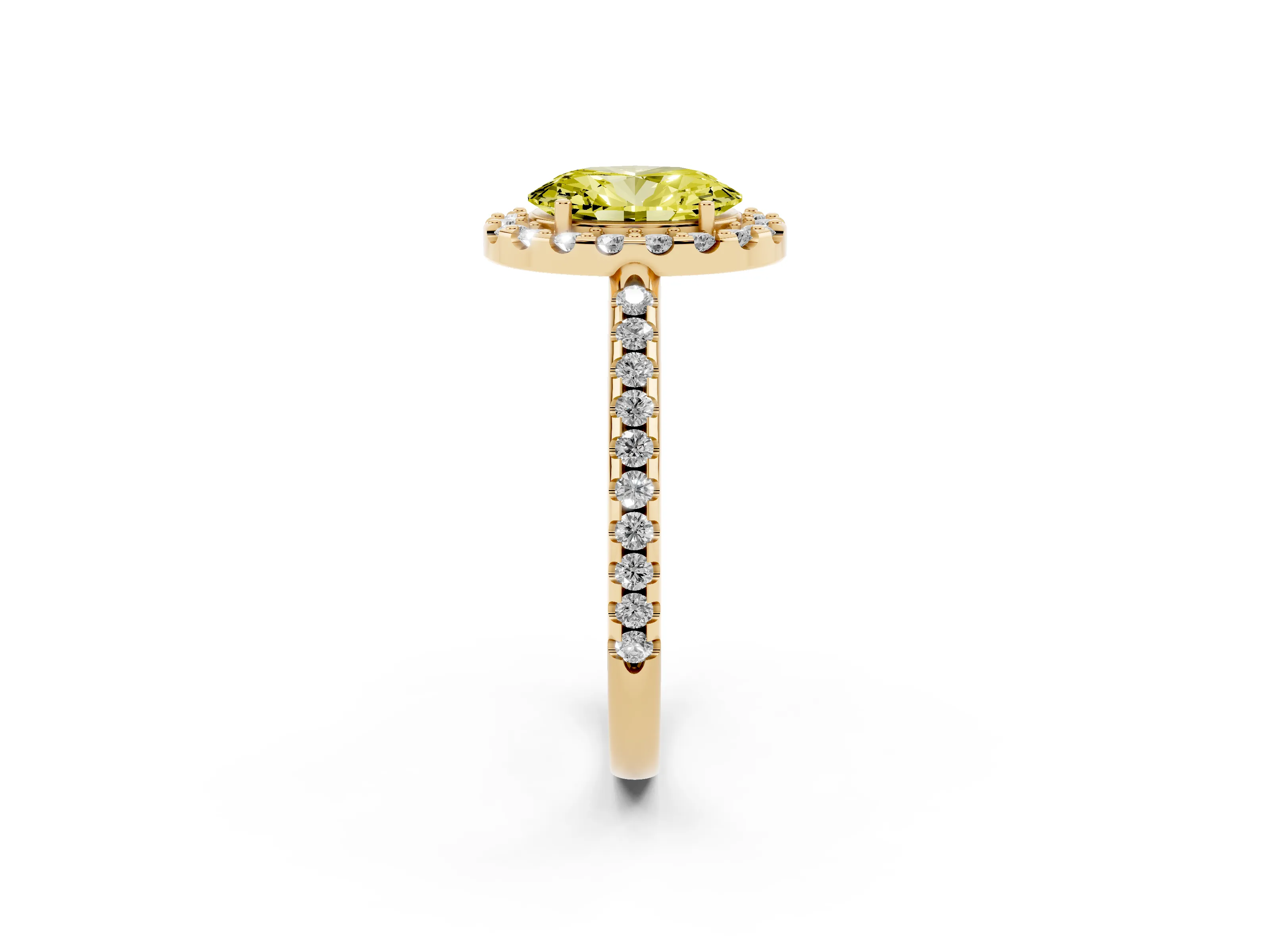 Fancy Yellow Oval Cut Diamond Pavé Halo Ring Set in Yellow gold with Prong Setting