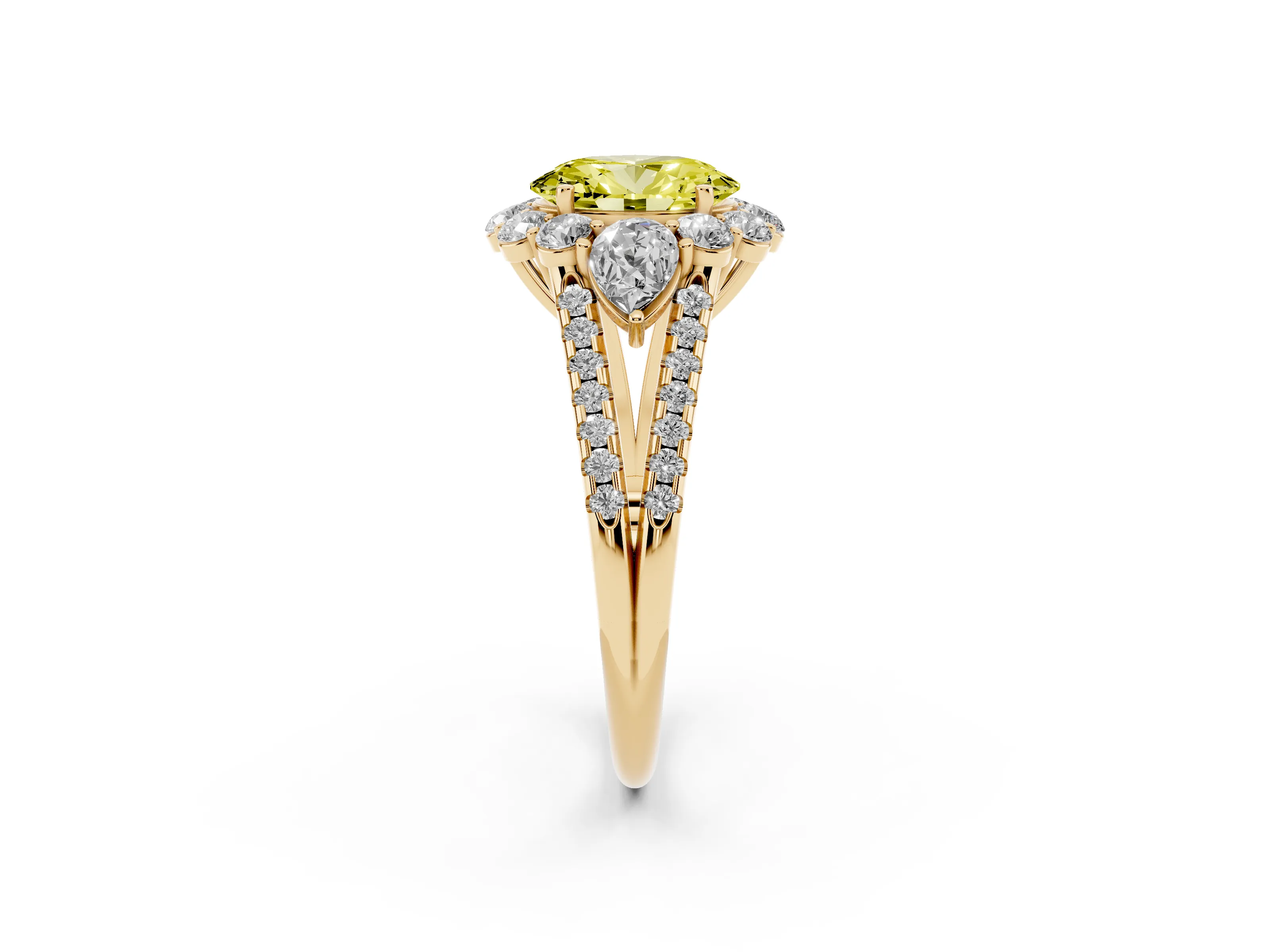Fancy Yellow Oval Cut Diamond Halo Split Shank Engagement Ring Set in Yellow gold with Prong-Held Center Stone