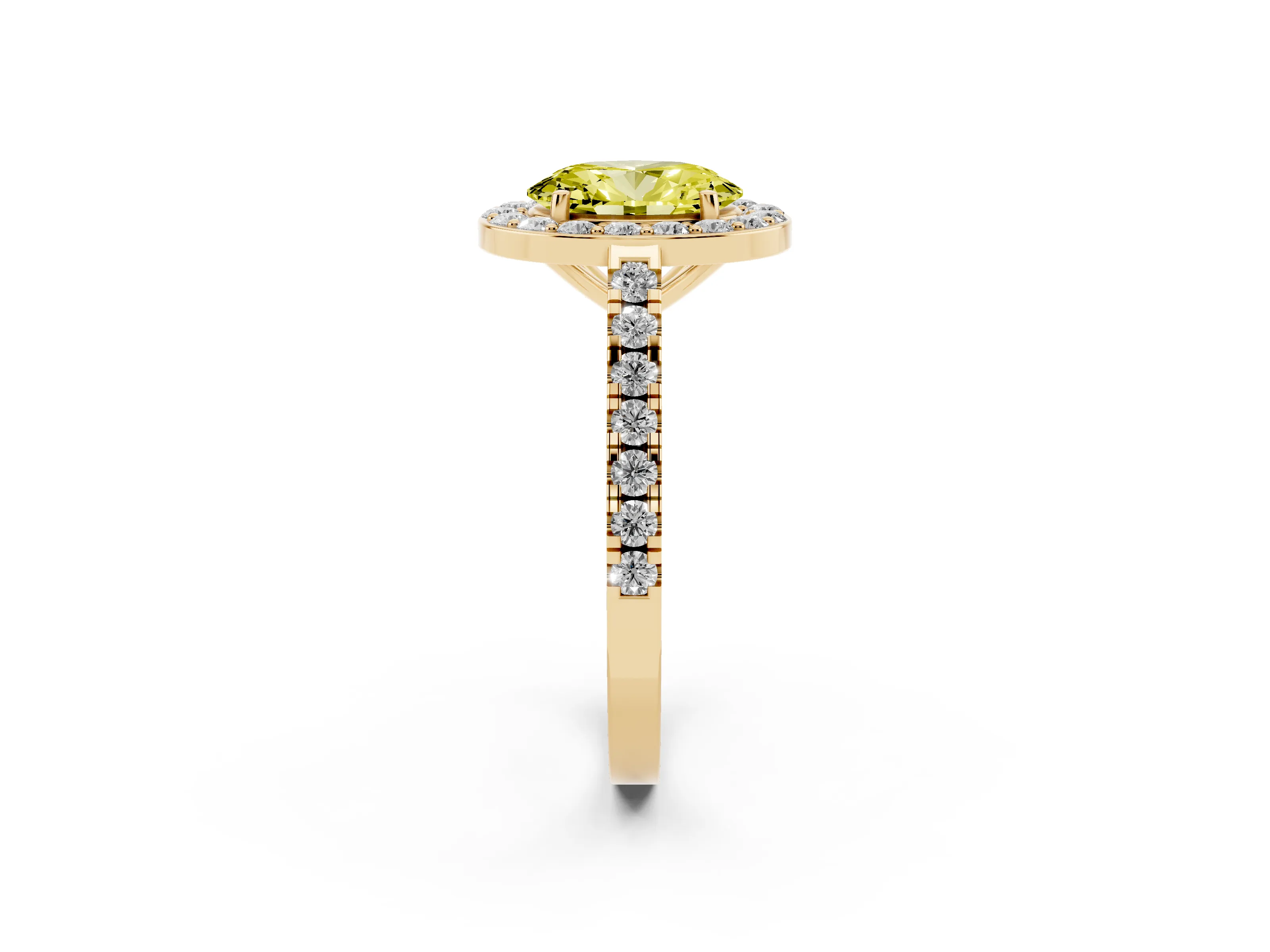 Fancy Yellow Oval Cut Diamond Halo Ring Set in Yellow gold with Round Pavé Split Shank and Prong Setting