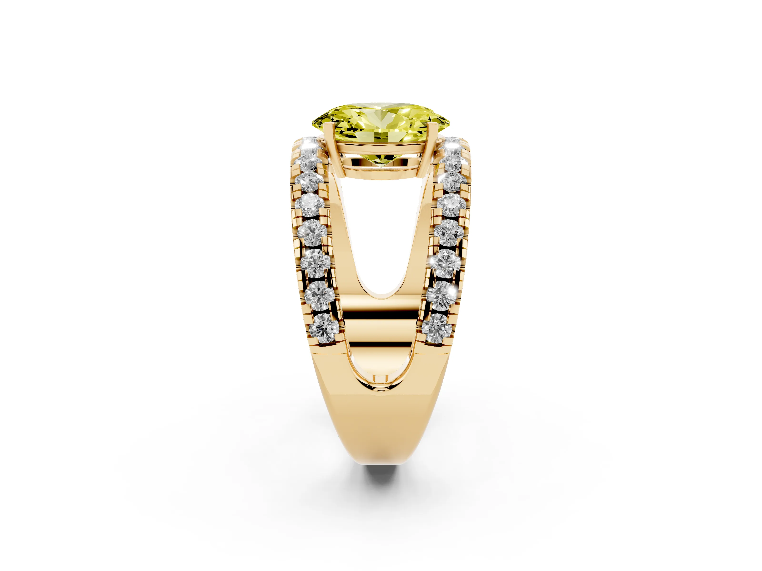 Fancy Yellow Oval Cut Diamond Split Shank Pavé Solitaire Ring Set in Yellow gold with Open Shank Design