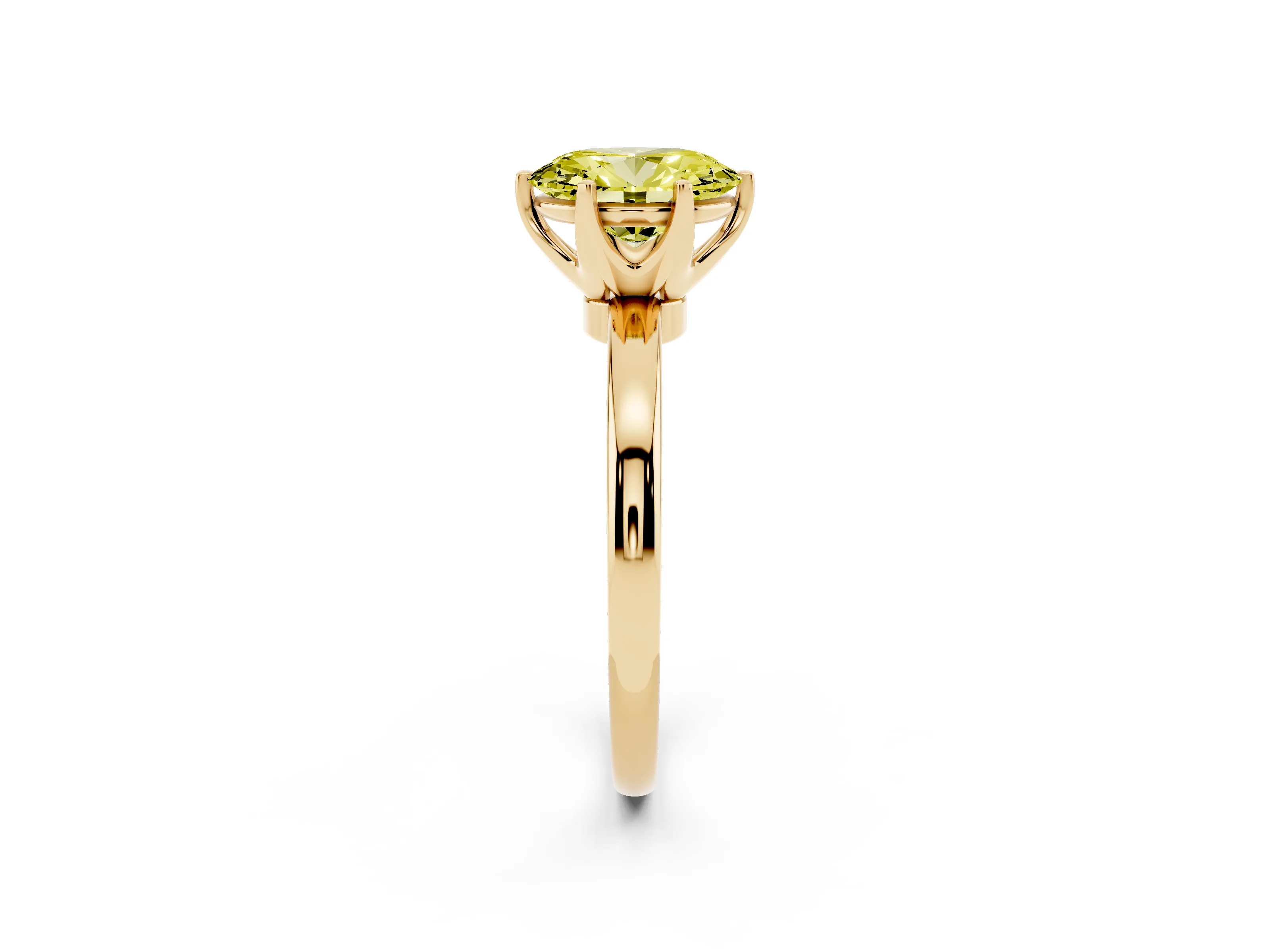 Fancy Yellow Oval Cut Diamond Solitaire Ring Set in Yellow gold with Raised Prong Setting on a Classic Band