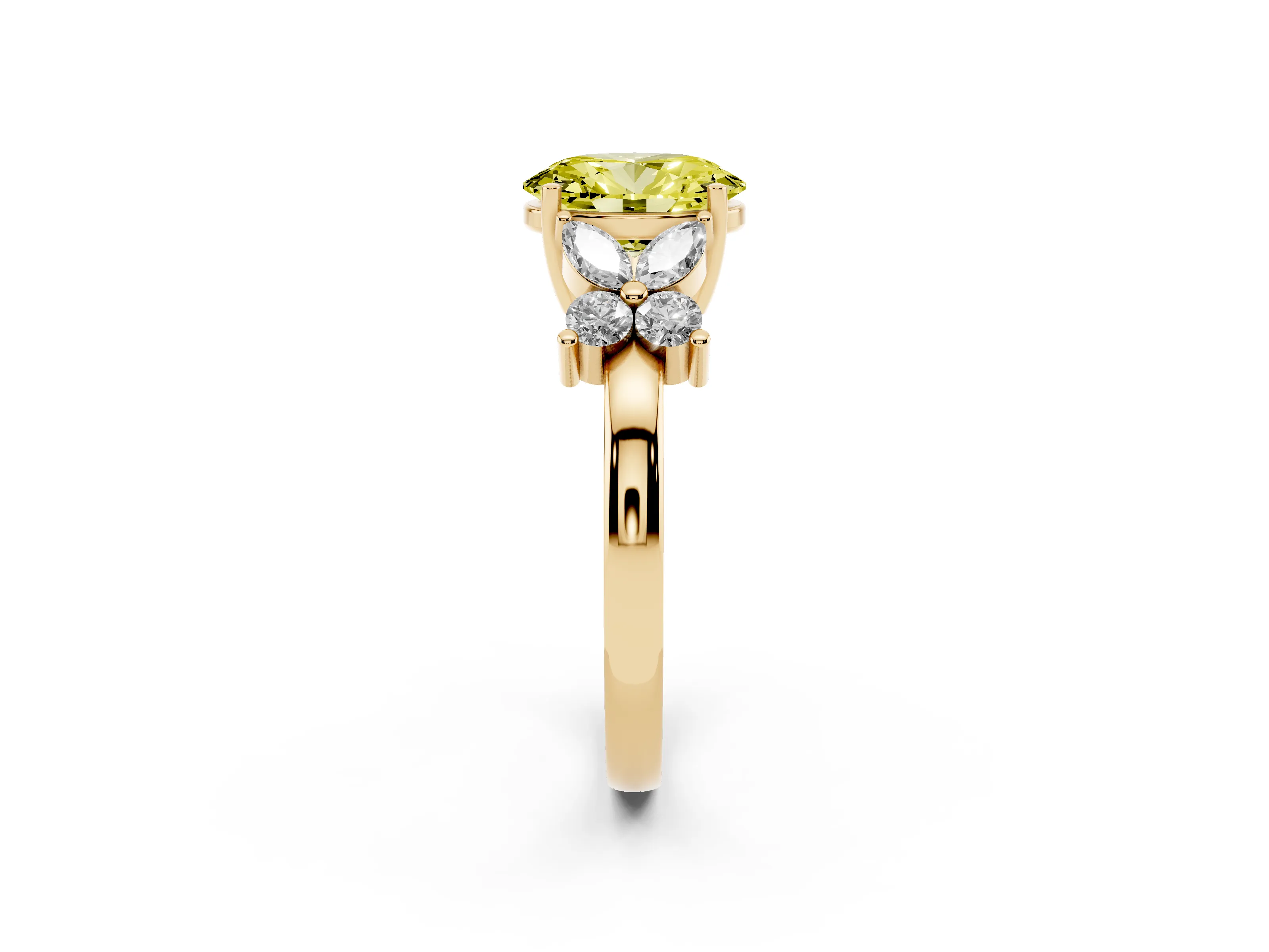 Fancy Yellow Oval Cut Diamond Floral Cluster Ring Set in Yellow gold with Marquise Petals and Prong Setting