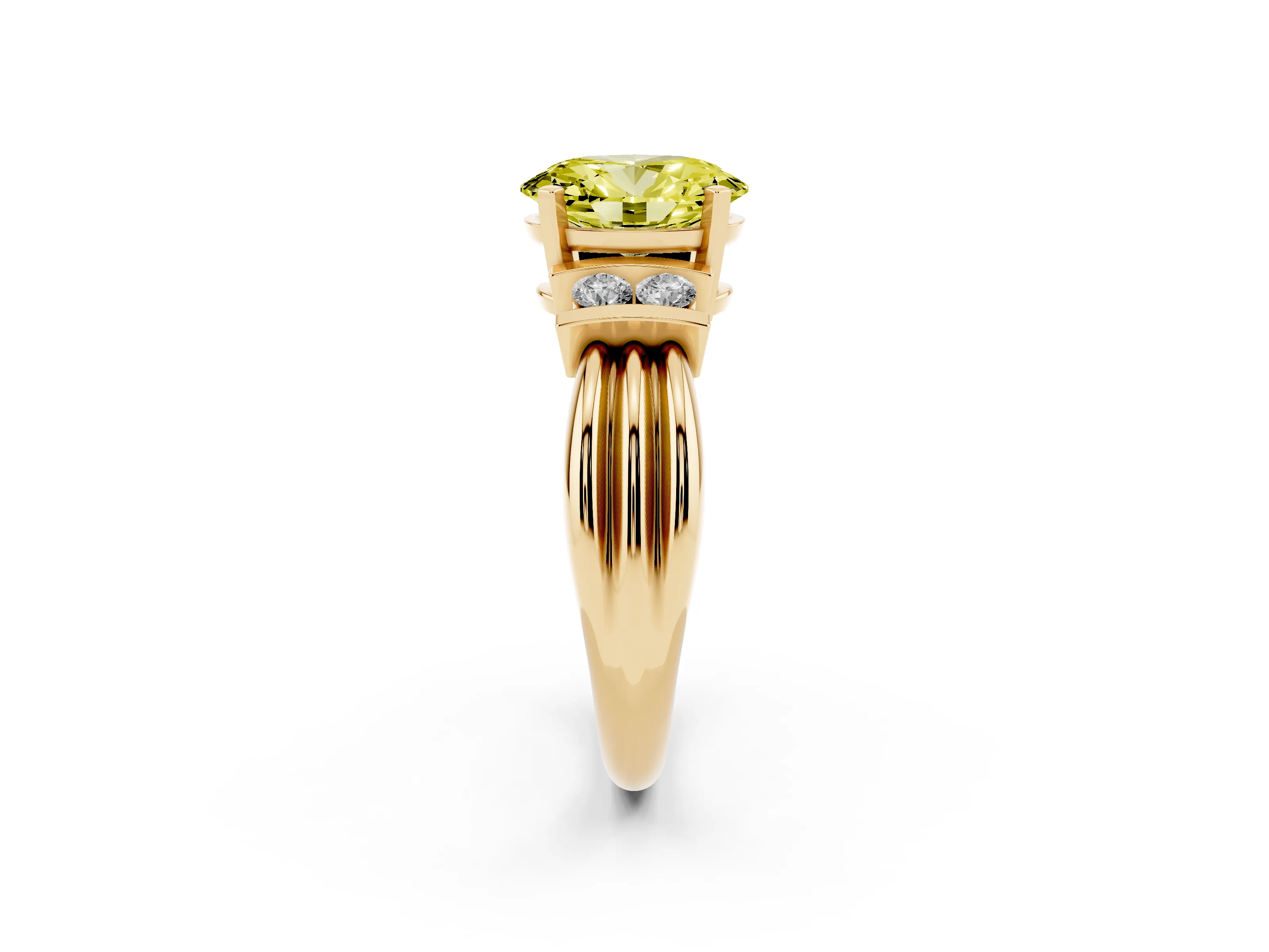 Fancy Yellow Three-Stone Oval Cut Diamond Channel Set Ring Set in Yellow gold with Bar Prongs