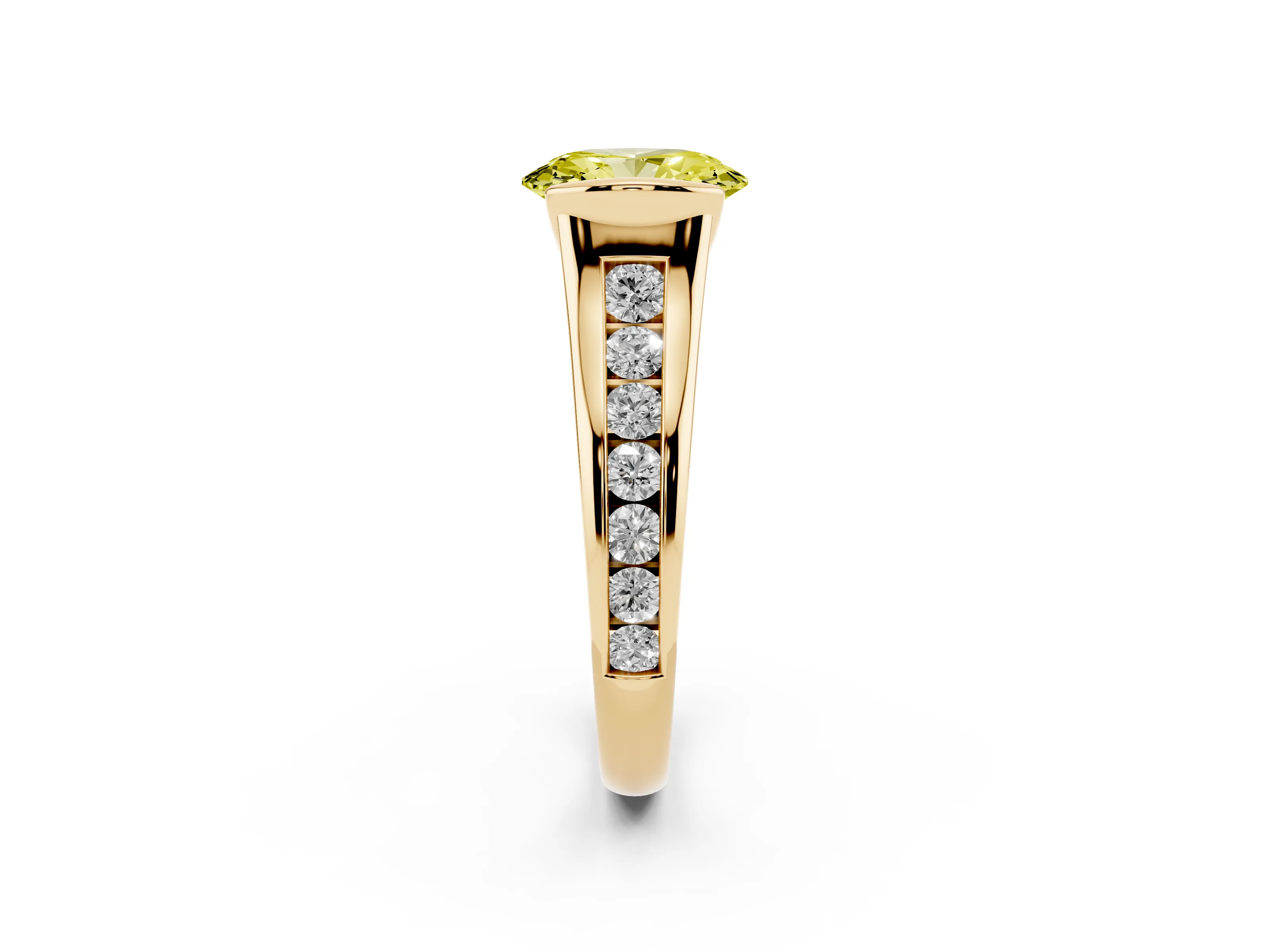 Fancy Yellow Oval Cut Diamond Bezel-Set Solitaire Ring Set in Yellow gold with Channel-Set Band