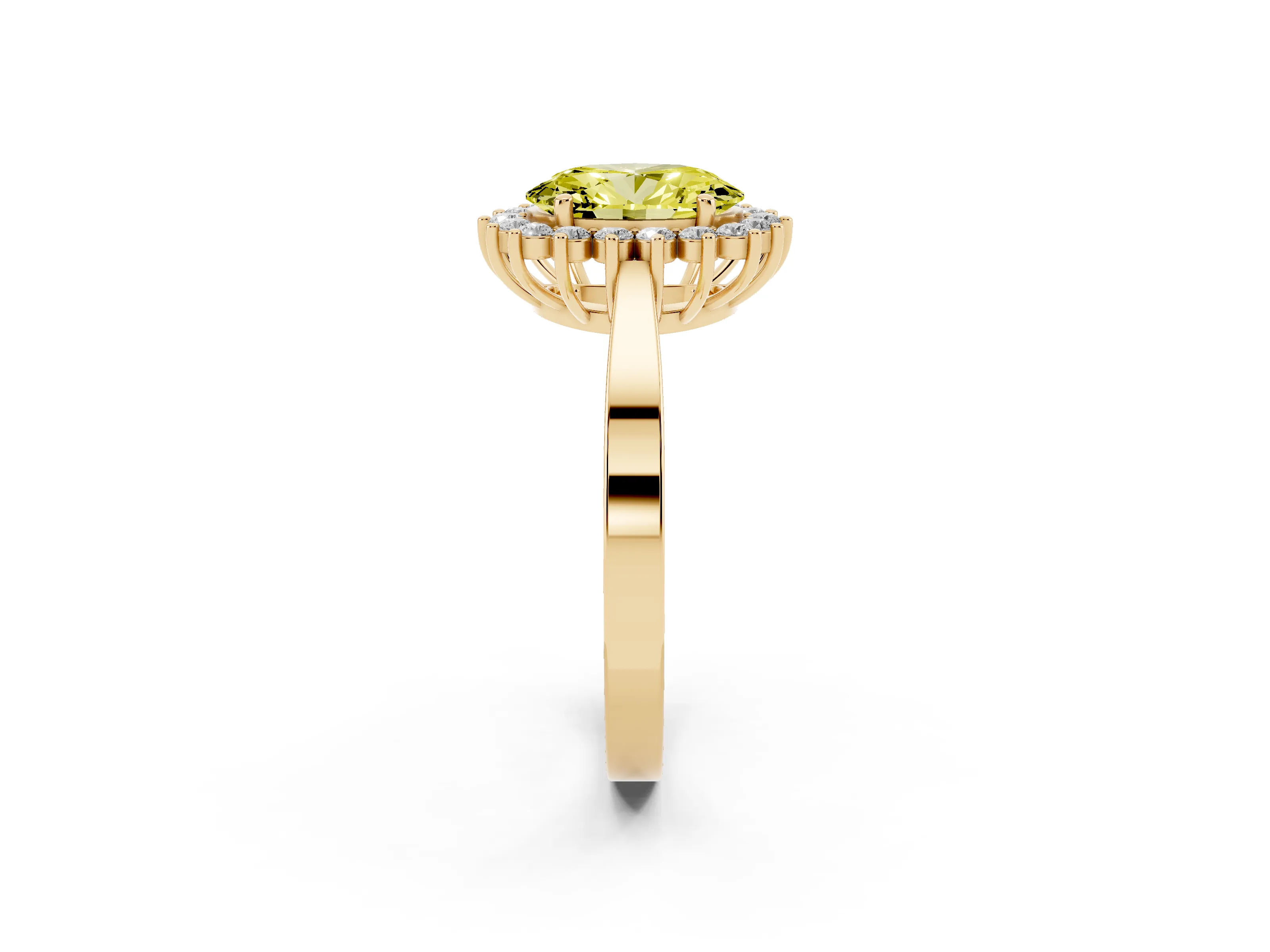Fancy Yellow Oval Cut Diamond Halo Ring Set in Yellow gold with Round Halo and Smooth Solitaire Band