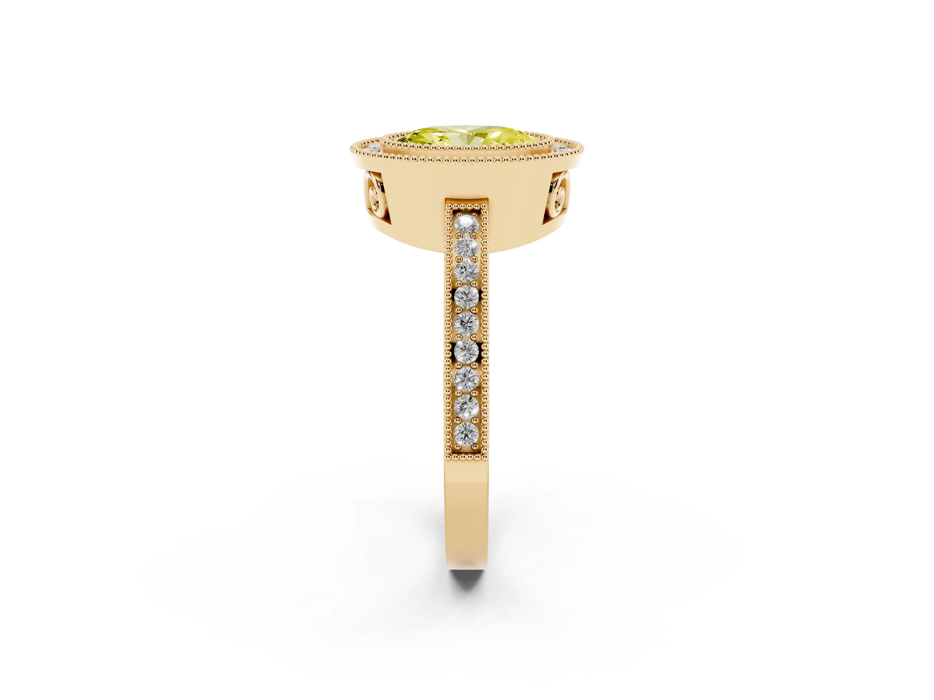 Fancy Yellow Oval Cut Diamond Halo Ring Set in Yellow gold with Pavé Band and Milgrain-Edged Prongs