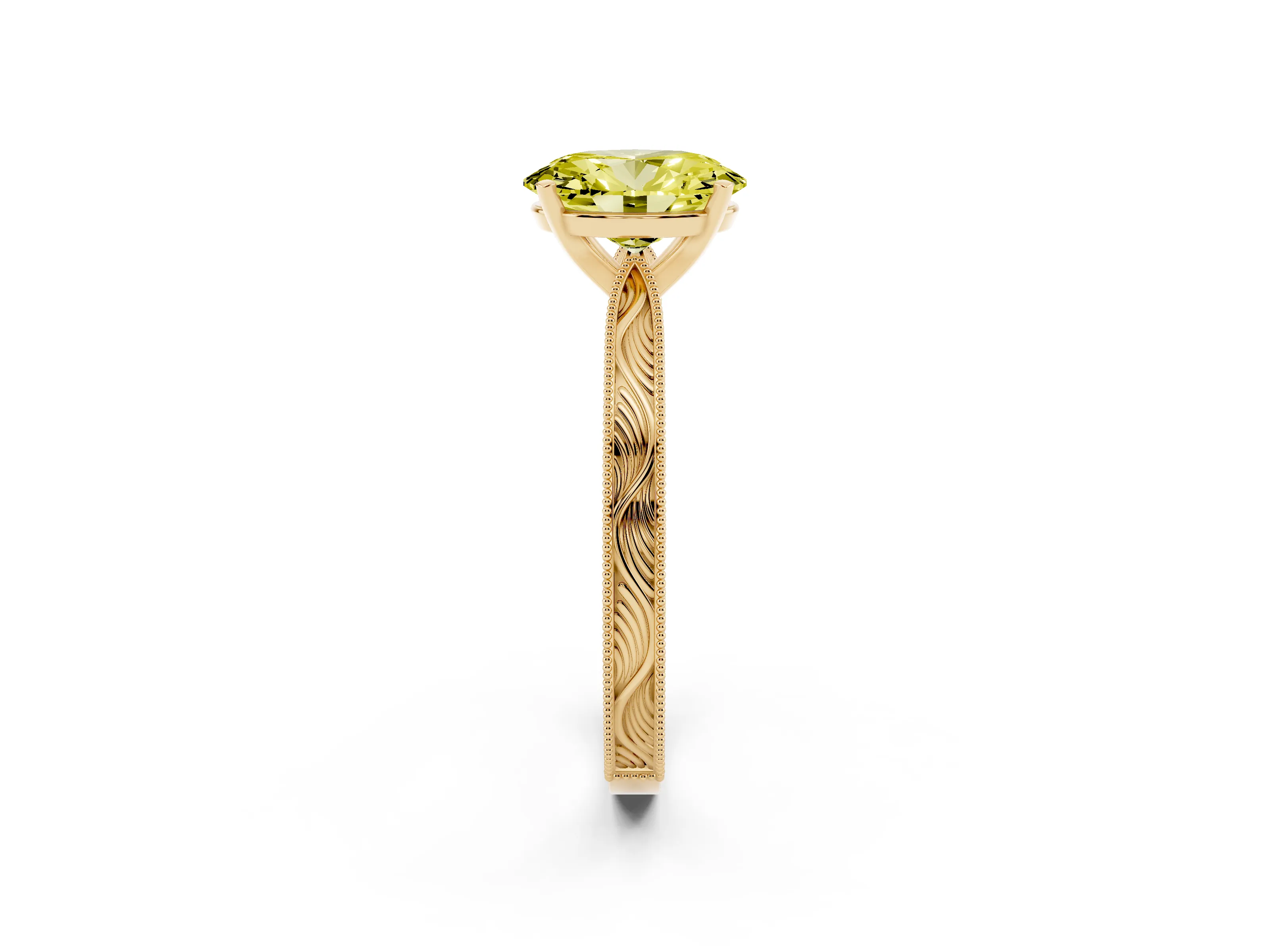 Fancy Yellow Oval Cut Diamond Solitaire Milgrain Engraved Band Set in Yellow gold with Prong Setting