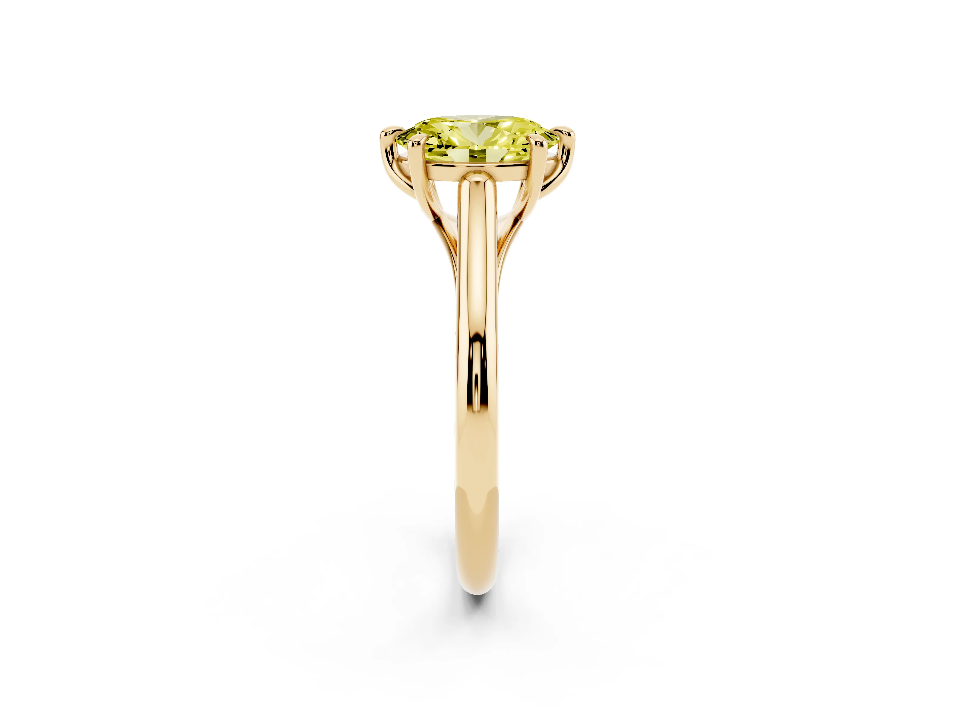 Fancy Yellow Oval Cut Diamond Solitaire Engagement Ring Set in Yellow gold with Prong Setting and Plain Classic Band