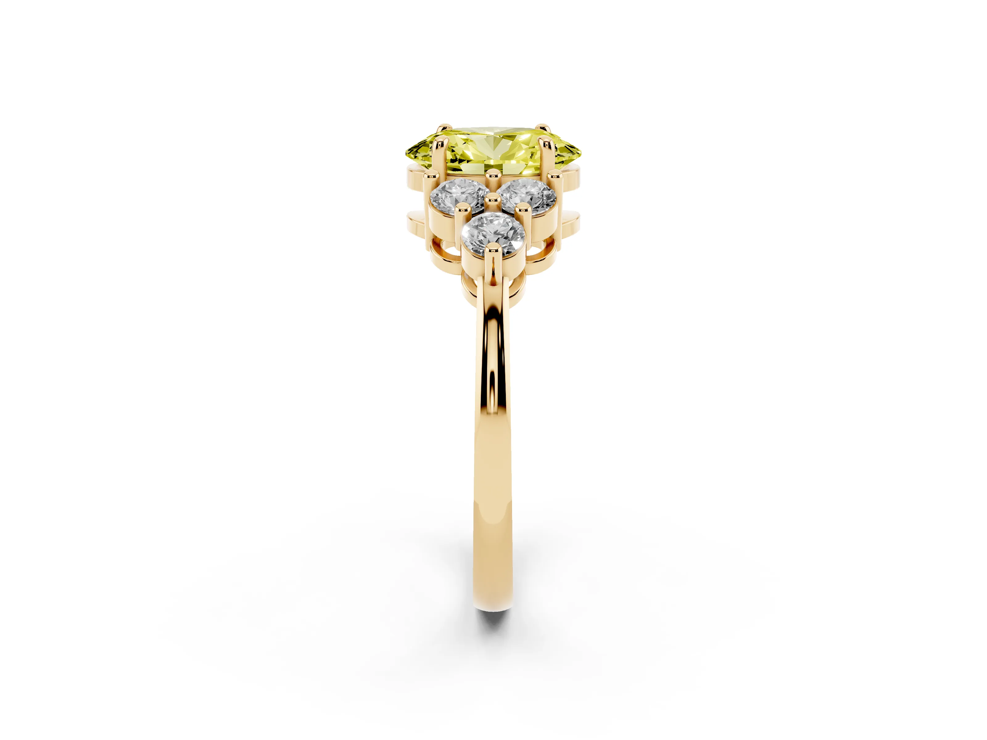 Fancy Yellow Oval Cut Diamond Solitaire Ring Set in Yellow gold with Cluster Accents on Each Side