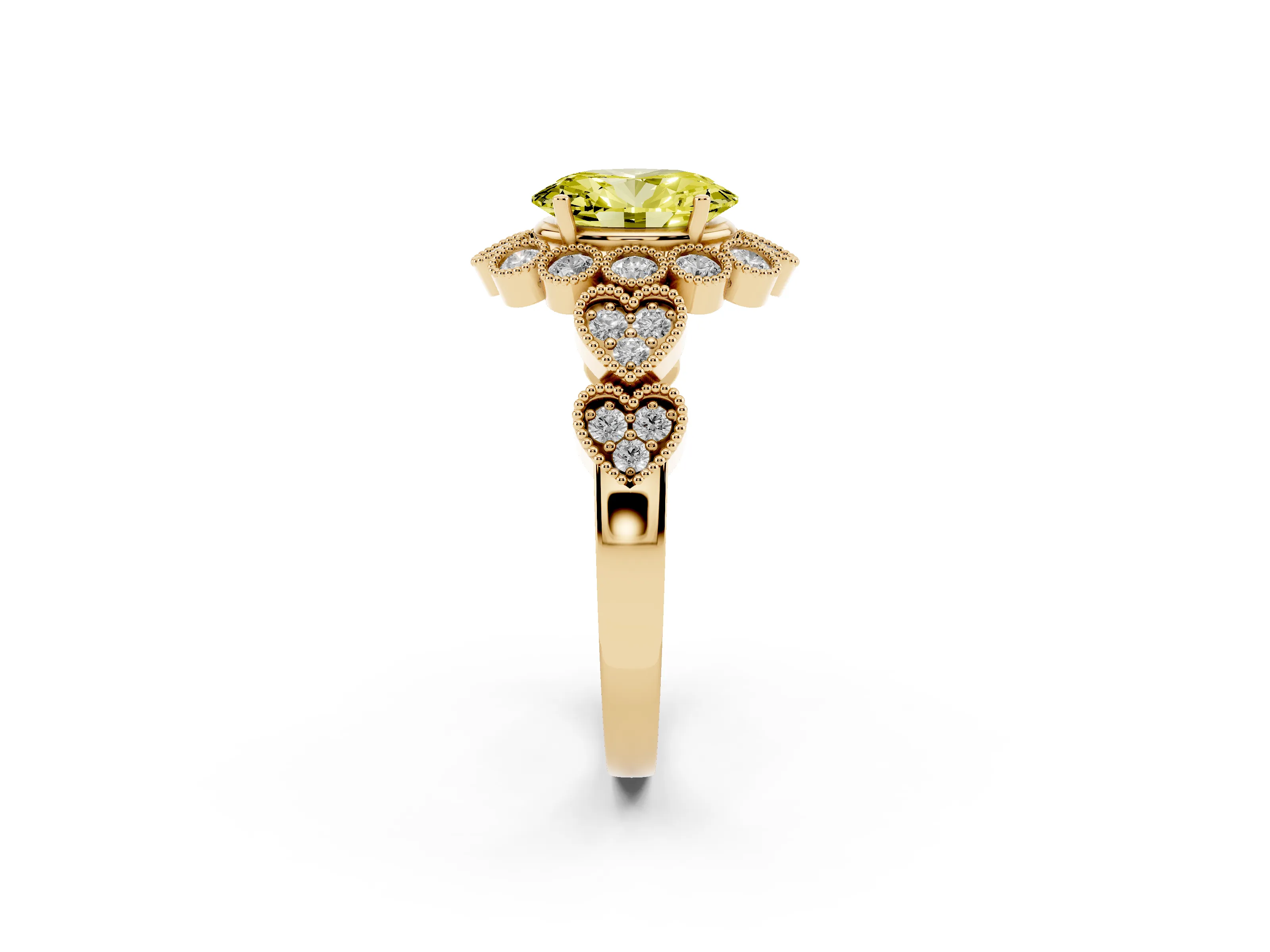 Fancy Yellow Oval Cut Diamond Solitaire Ring Set in Yellow gold with Milgrain Pavé Heart Band