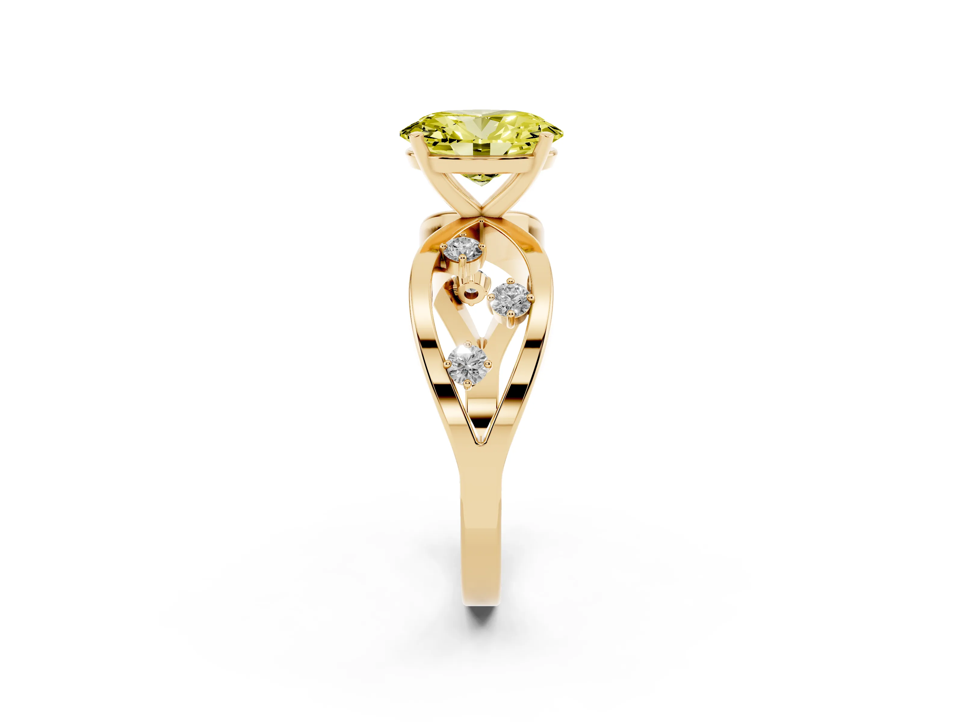 Fancy Yellow Oval Cut Diamond Solitaire Ring Set in Yellow gold with Side Stones on Criss-Cross Band and Prong Setting