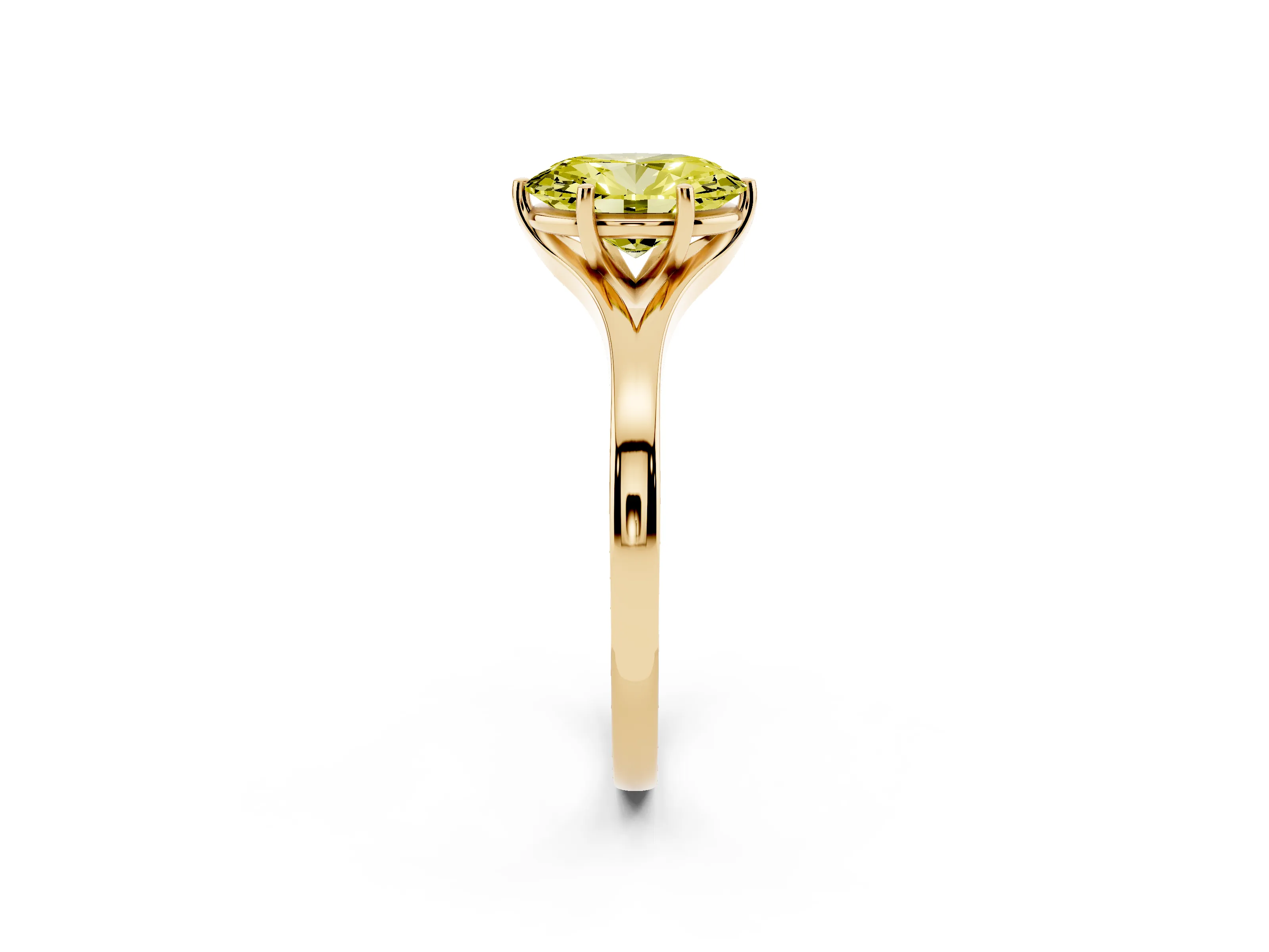Fancy Yellow Oval Cut Diamond Solitaire Ring Set in Yellow gold with Polished Tapered Band and Prong Setting
