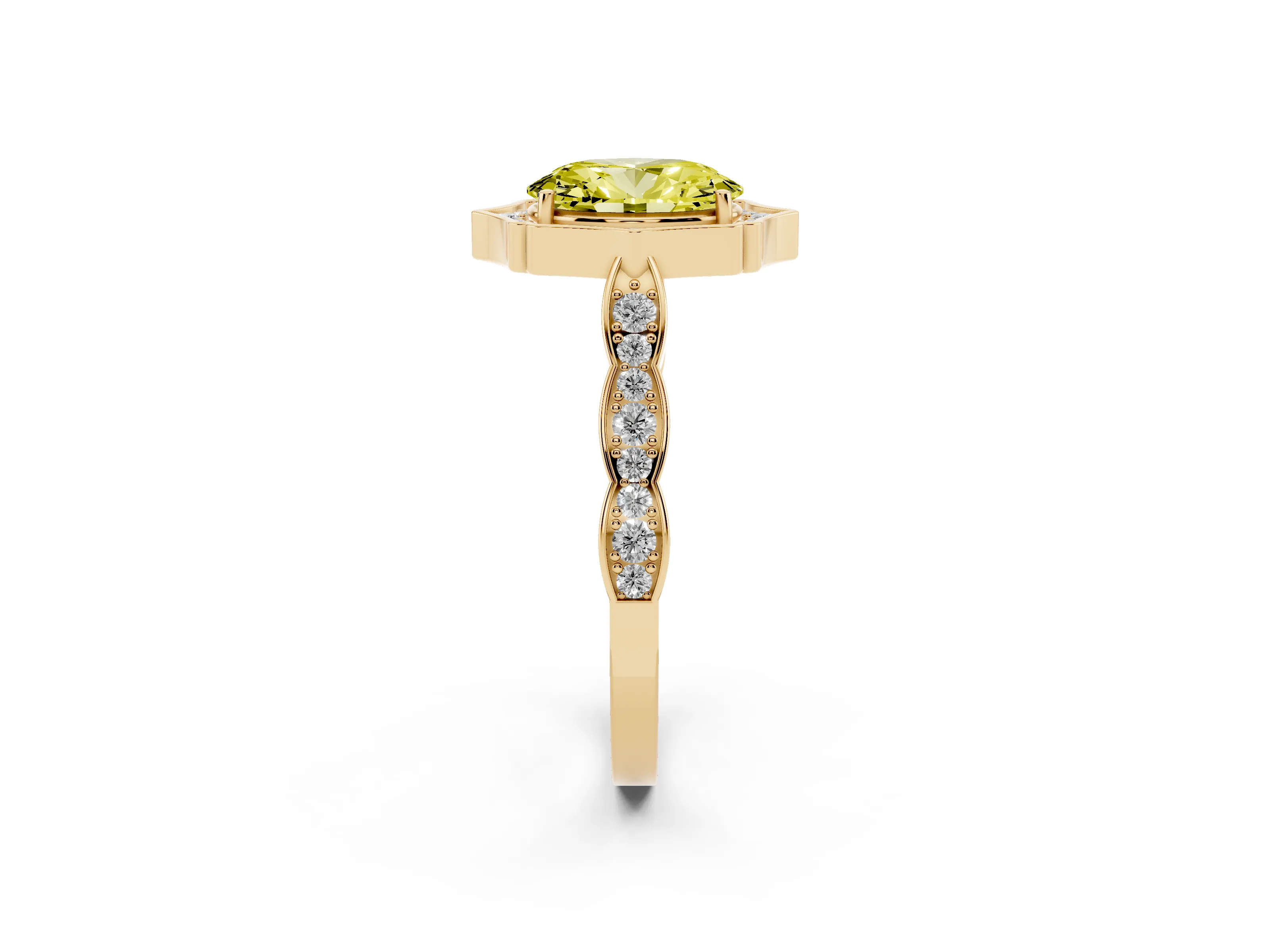 Fancy Yellow Oval Cut Diamond Halo Engagement Ring Set in Yellow gold with Milgrain Band and Prong Setting