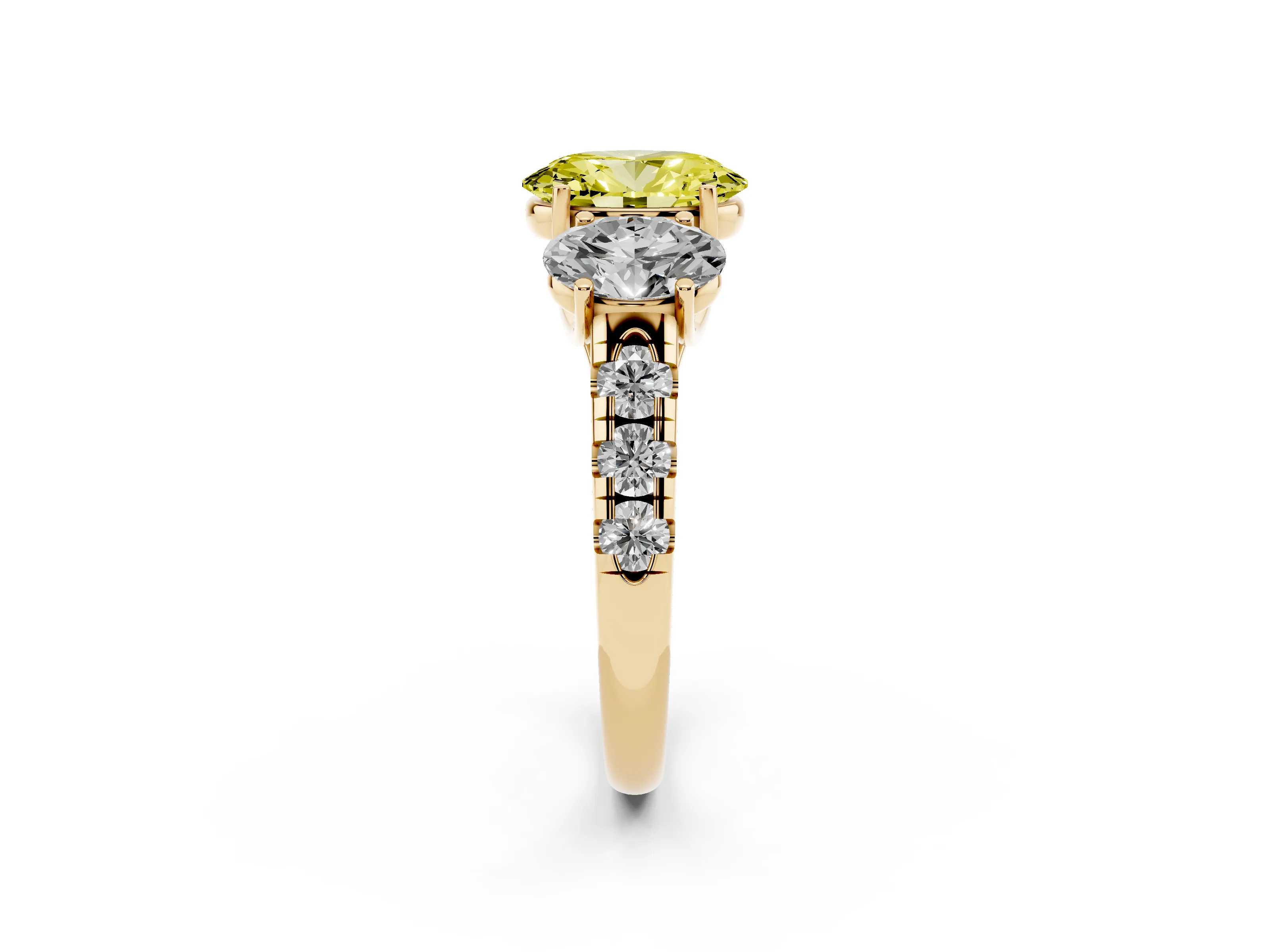Fancy Yellow Oval Cut Diamond Three-Stone Ring Set in Yellow gold with Pavé Band