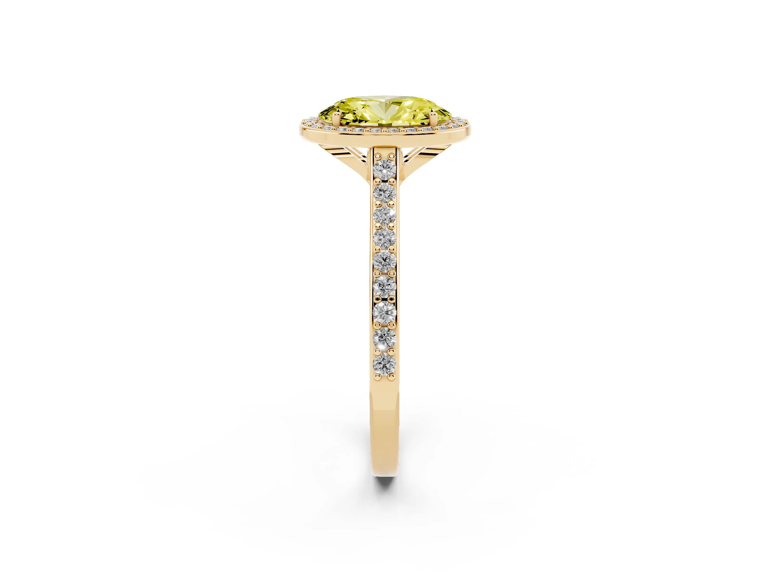Fancy Yellow Oval Cut Diamond Halo Engagement Ring Set in Yellow gold with Round Pavé Shoulders and Heart Gallery