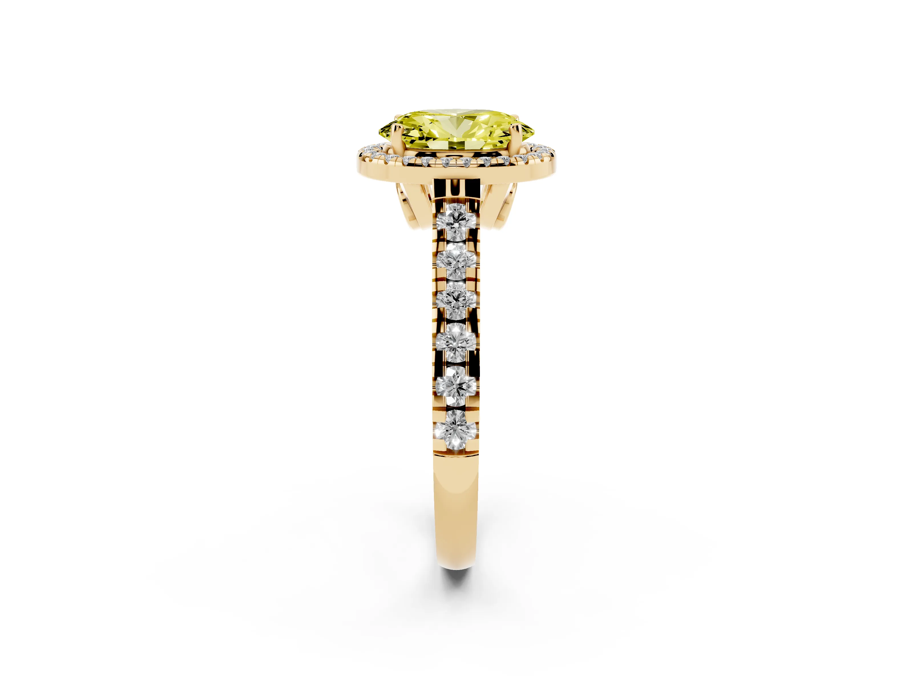 Fancy Yellow Oval Cut Diamond Halo Engagement Ring Set in Yellow gold with Pavé Band and Prong-Set Center