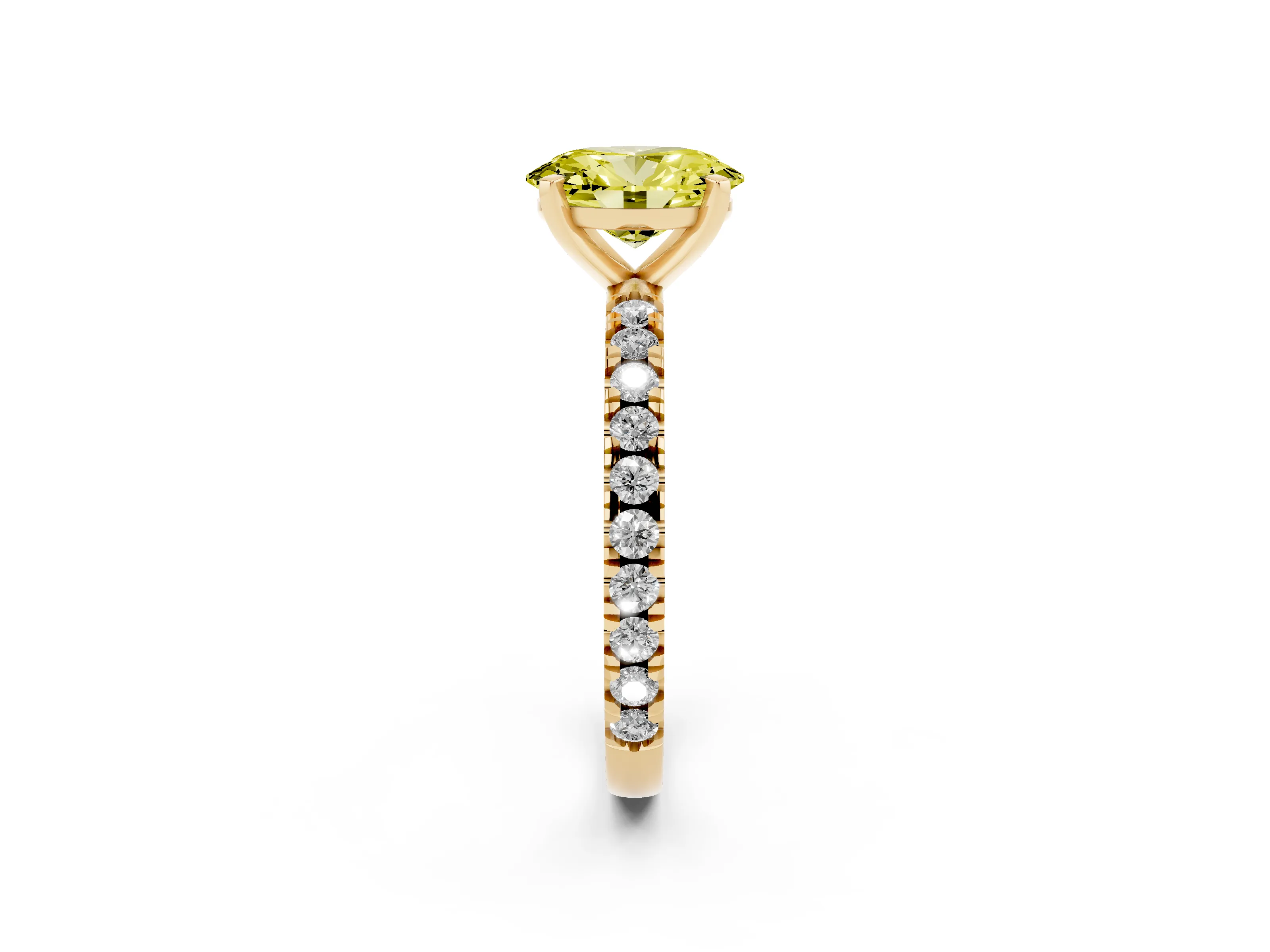 Fancy Yellow Oval Cut Diamond Pavé Band Solitaire Set in Yellow gold with Prong Setting