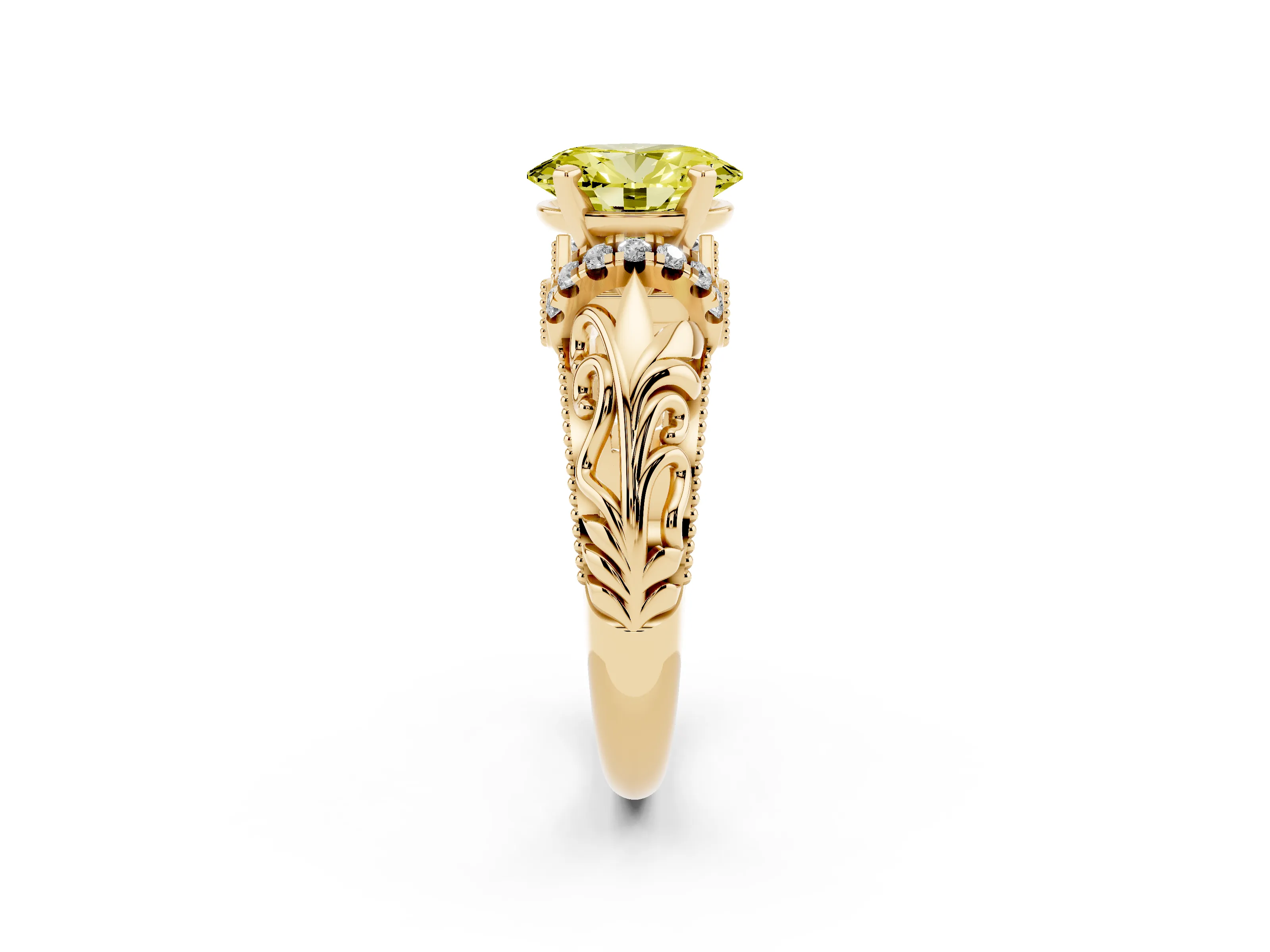 Fancy Yellow Oval Cut Diamond Filigree Halo Engagement Ring Set in Yellow gold with Prong Setting