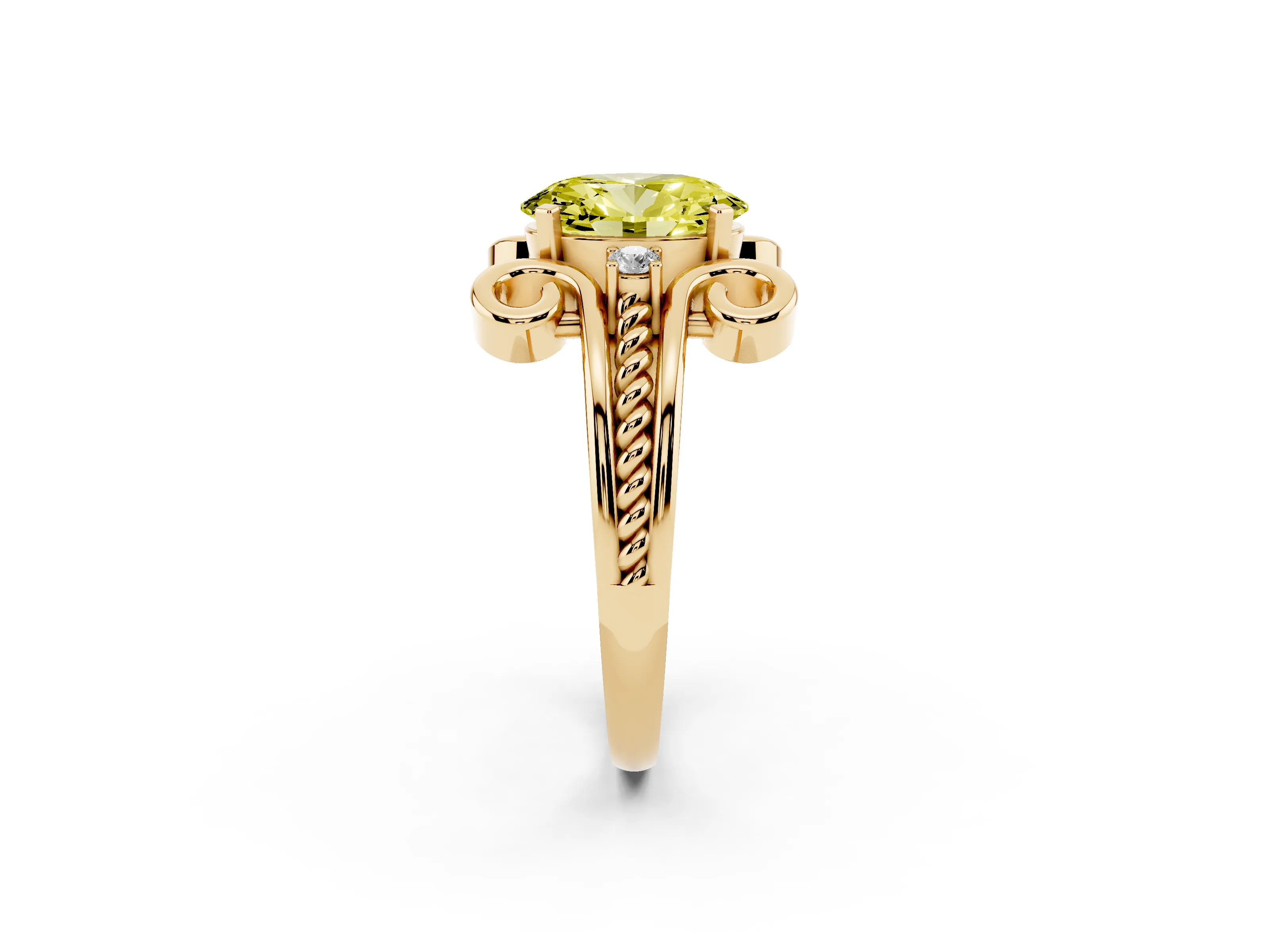 Fancy Yellow Oval Cut Diamond Twisted Band Solitaire Ring Set in Yellow gold with Scroll Prongs