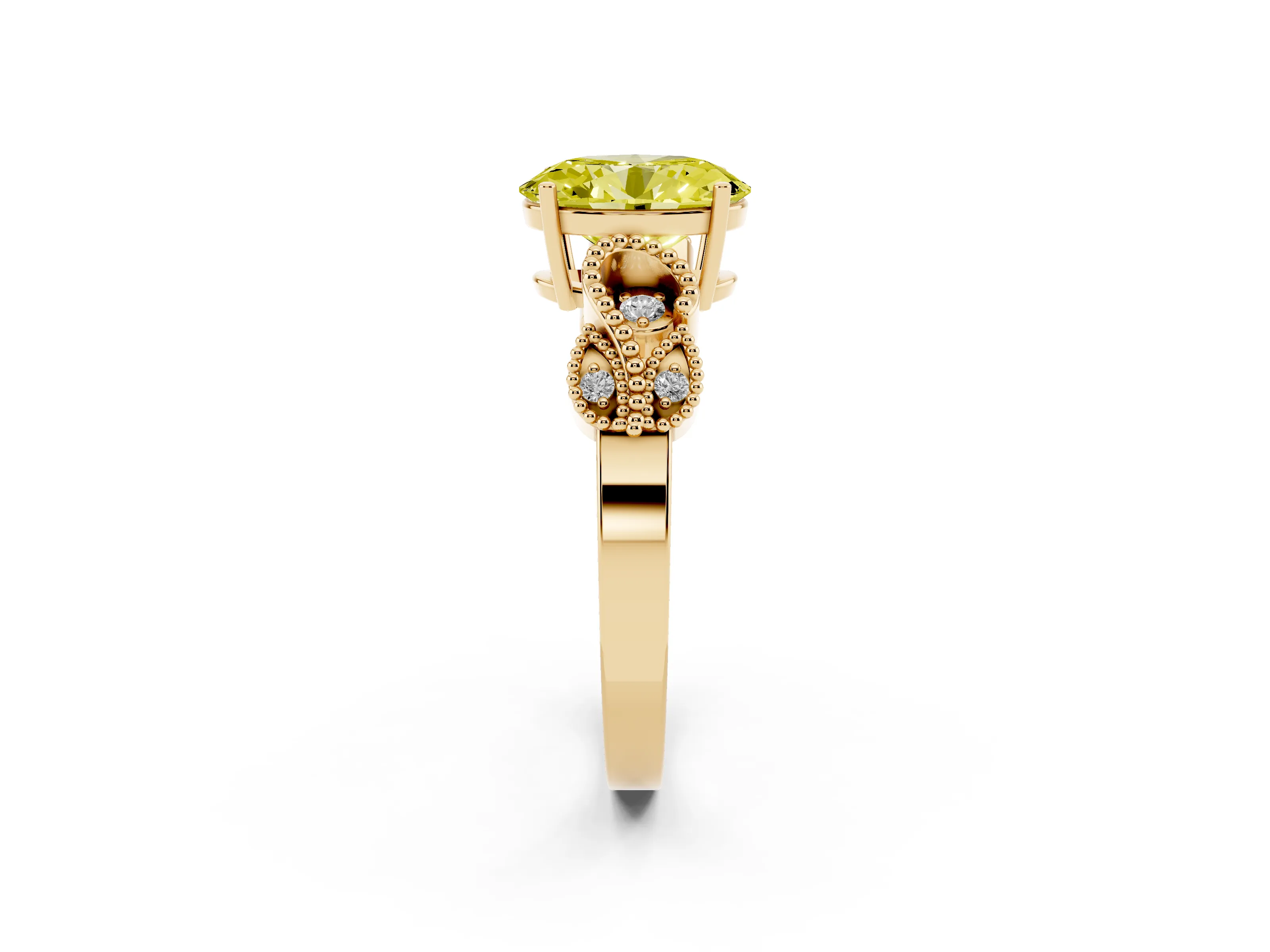 Fancy Yellow Oval Cut Diamond Milgrain Leaf Band Solitaire Ring Set in Yellow gold with Accent Stones and Prong Setting