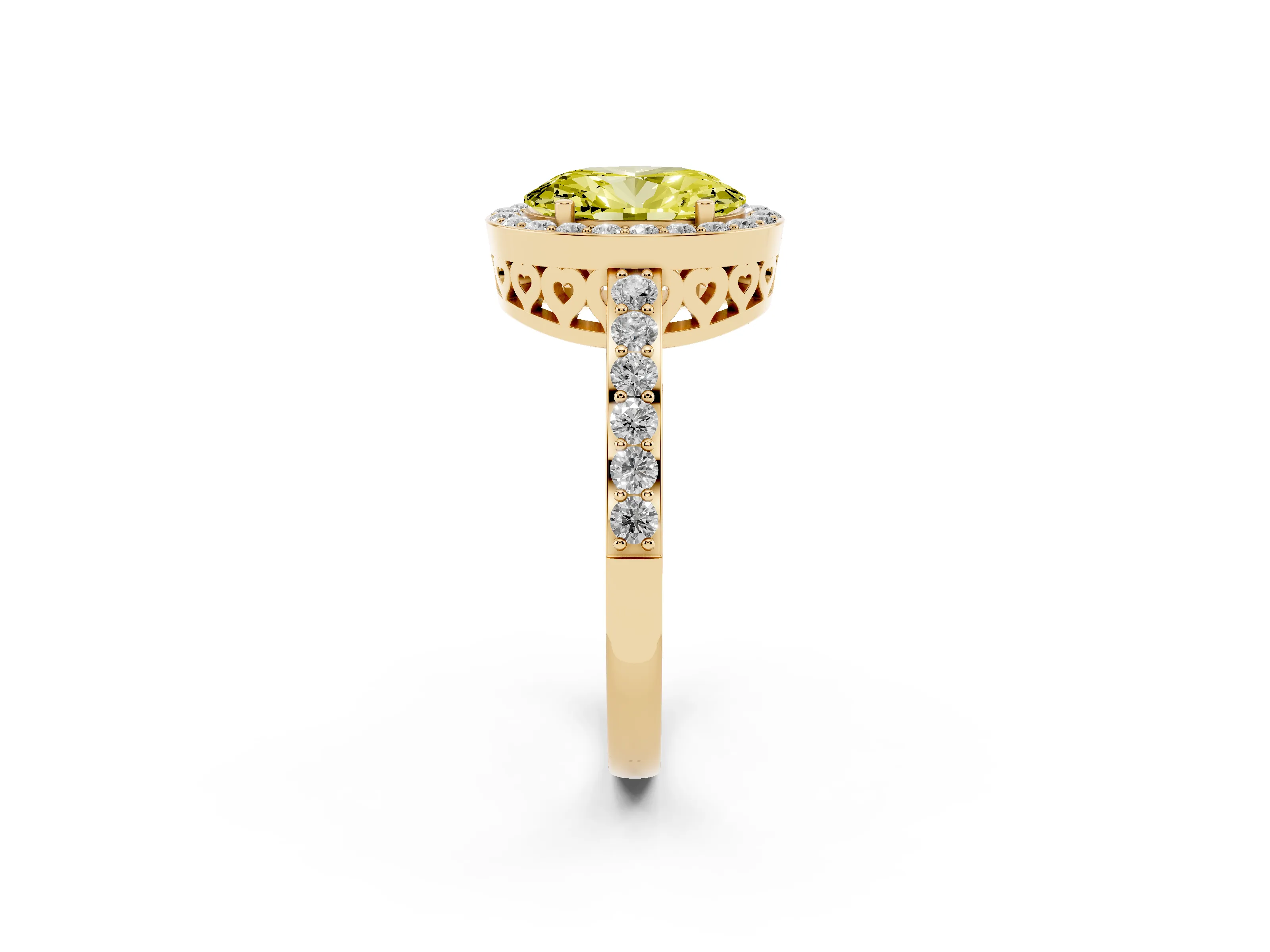 Fancy Yellow Oval Cut Diamond Halo Ring Set in Yellow gold with Pavé-Setting Band and Open Prong Center