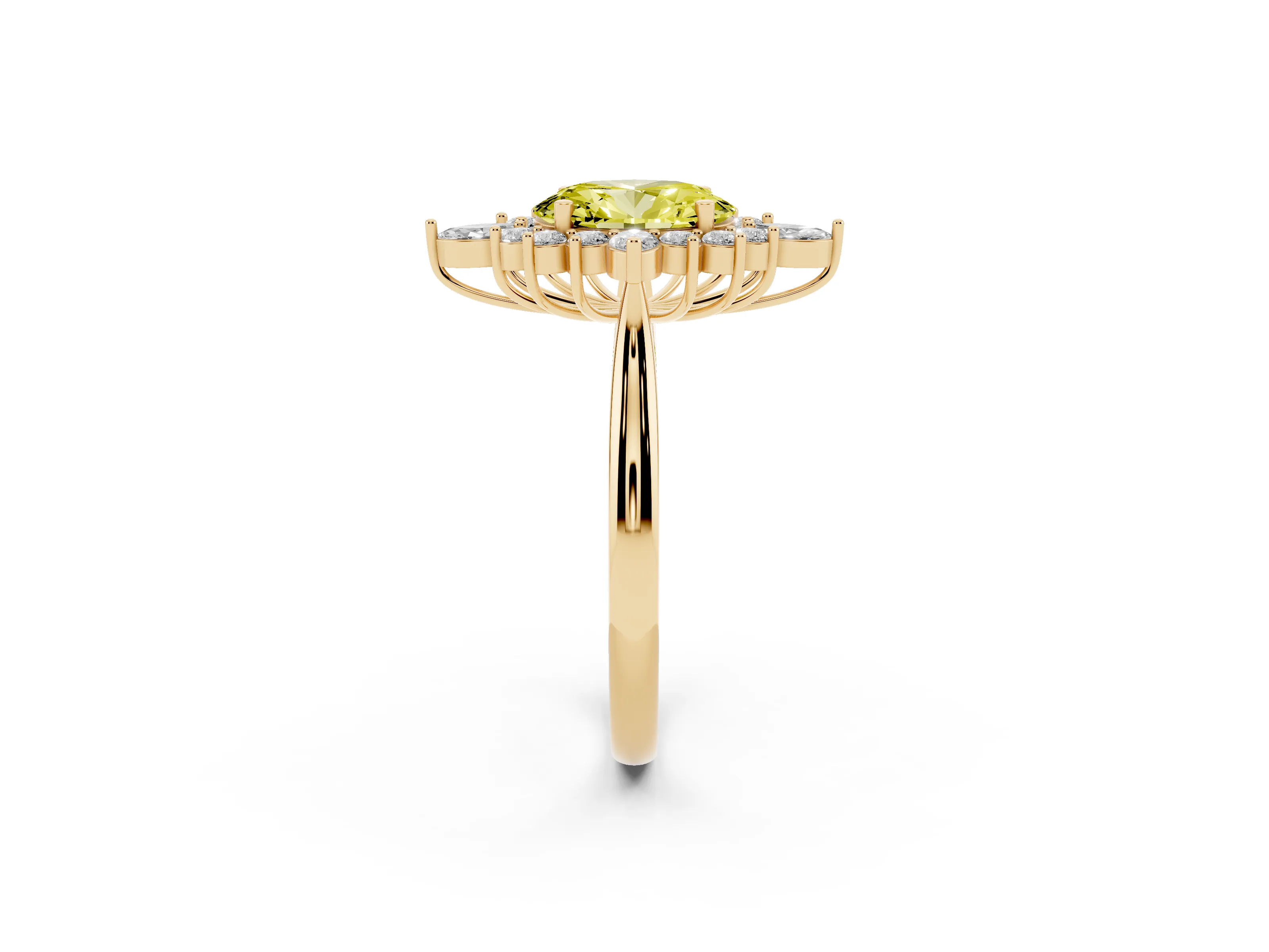 Fancy Yellow Oval Cut Diamond Cluster Halo Ring Set in Yellow gold with Marquise and Round Accents