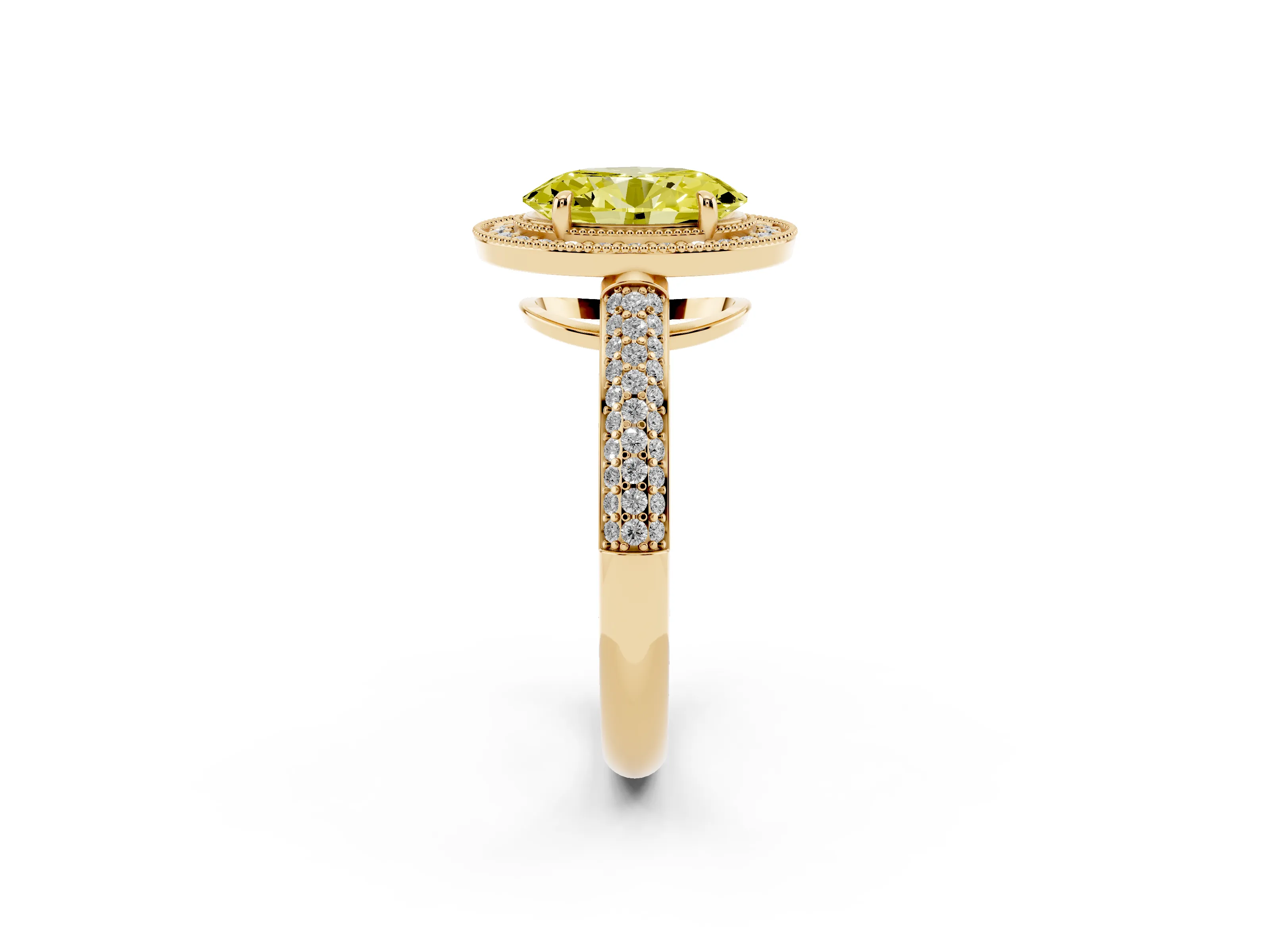 Fancy Yellow Oval Cut Diamond Halo Pavé Band Set in Yellow gold with Prong Setting