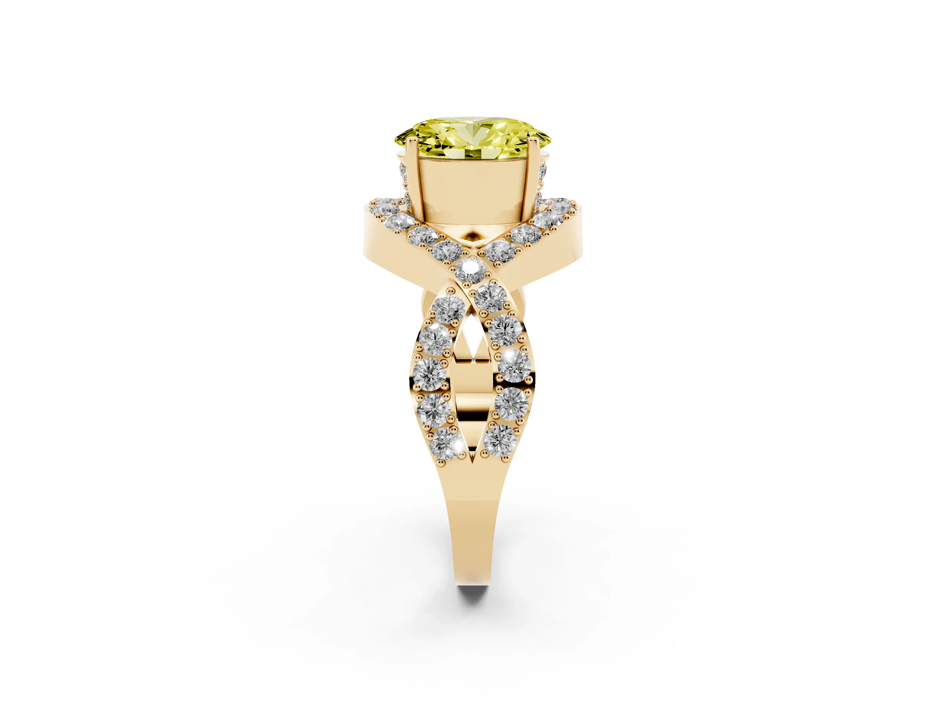 Fancy Yellow Oval Cut Diamond Solitaire Twist Band Pavé Engagement Ring Set in Yellow gold