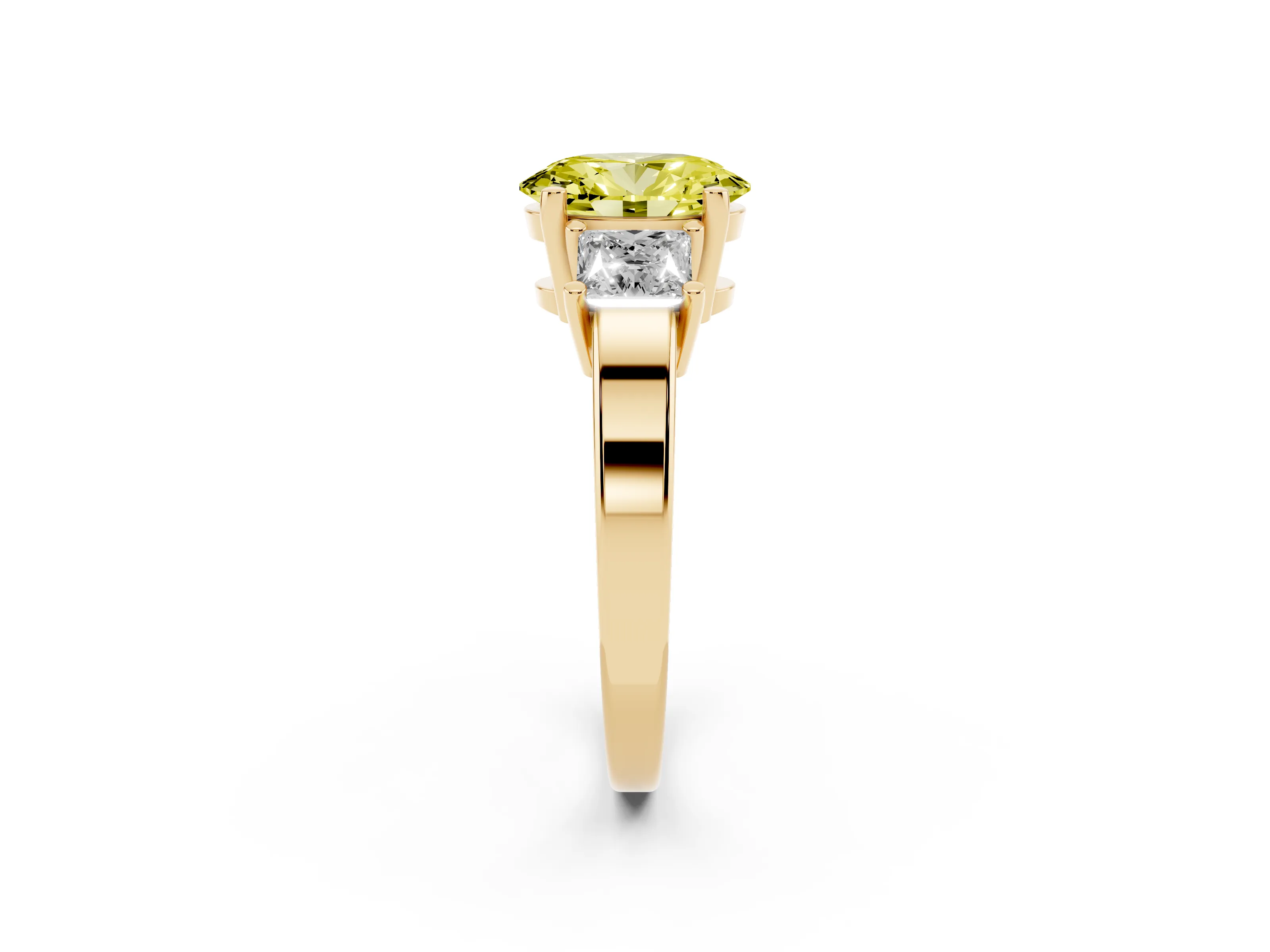 Fancy Yellow Three-Stone Oval Cut Diamond Solitaire Ring Set in Yellow gold with Prong Setting