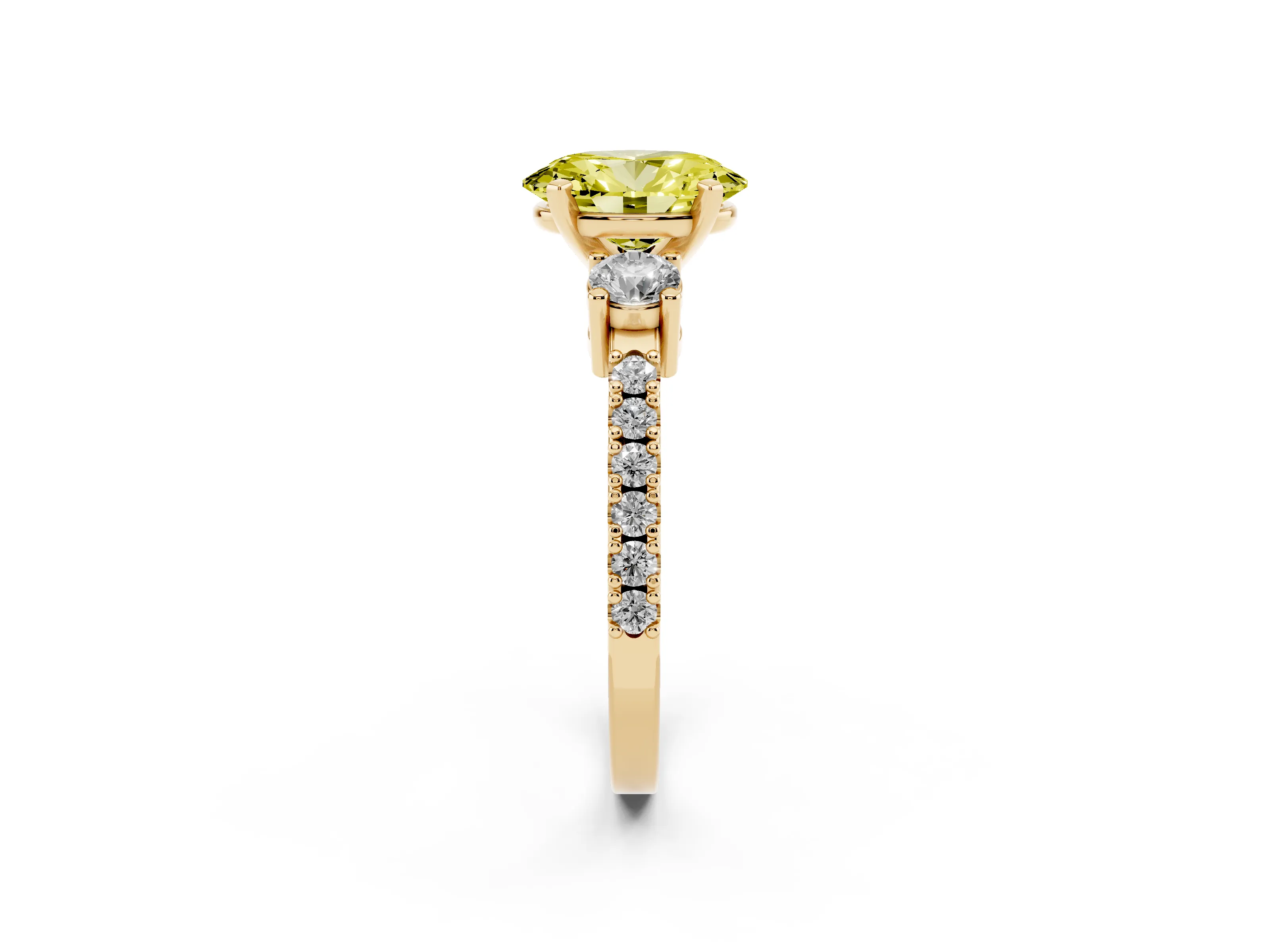 Fancy Yellow Three-Stone Oval Cut Diamond Pavé Band Ring Set in Yellow gold with Prong Setting