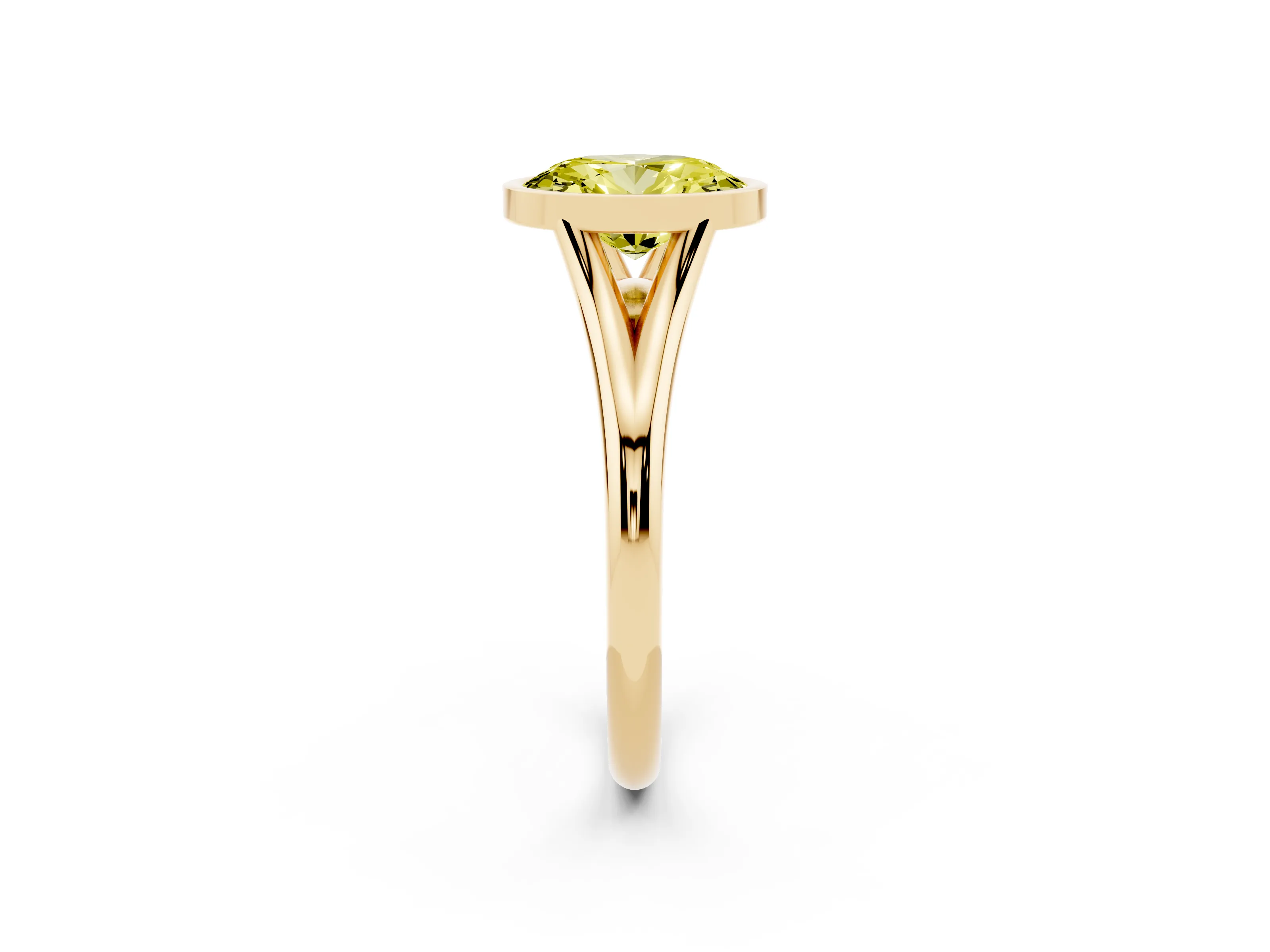 Fancy Yellow Bezel Set Oval Cut Diamond Solitaire Ring Set in Yellow gold with Tapered Band