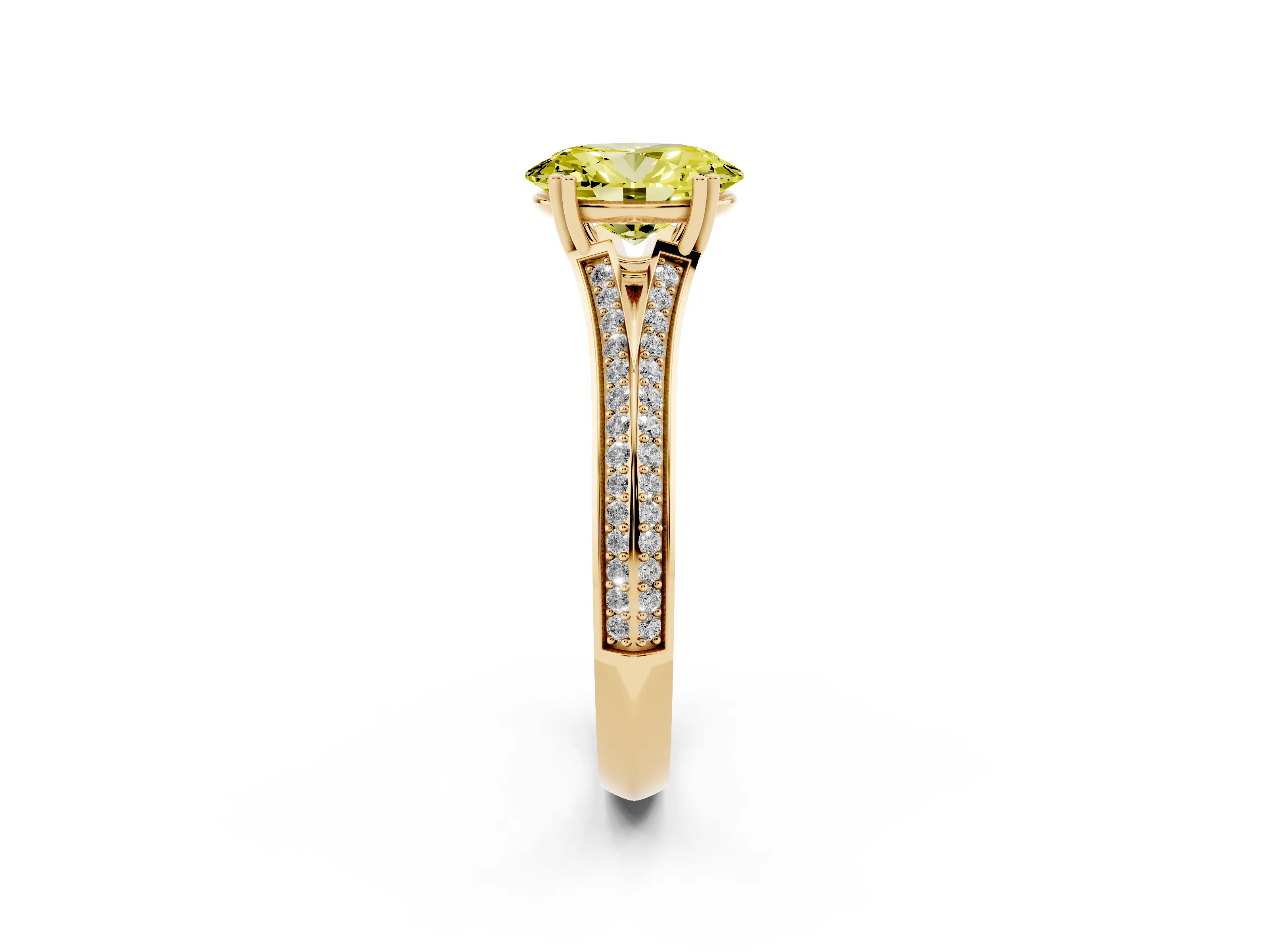 Fancy Yellow Oval Cut Diamond Split Shank Pavé Engagement Ring Set in Yellow gold with Prong-Set Center Stone